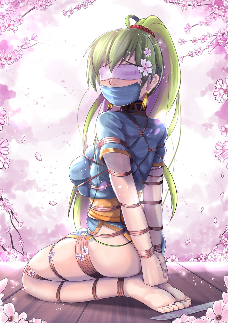 1girls arms_behind_back ass aster-effect bare_arms bare_legs barefoot big_ass blindfold bondage bound bound_ankles bound_arms bound_legs bound_toes bound_wrists breasts cherry_blossoms earrings feet female female_only femsub fire_emblem fire_emblem:_the_blazing_blade flower gag green_hair hair_flower kneeling large_breasts legs long_hair looking_at_viewer looking_back lyn_(fire_emblem) nintendo pelvic_curtain petals ponytail restrained rope rope_bondage short_sleeves skindentation solo sword tape tape_gag tied_toes toe_bondage toes very_long_hair weapon