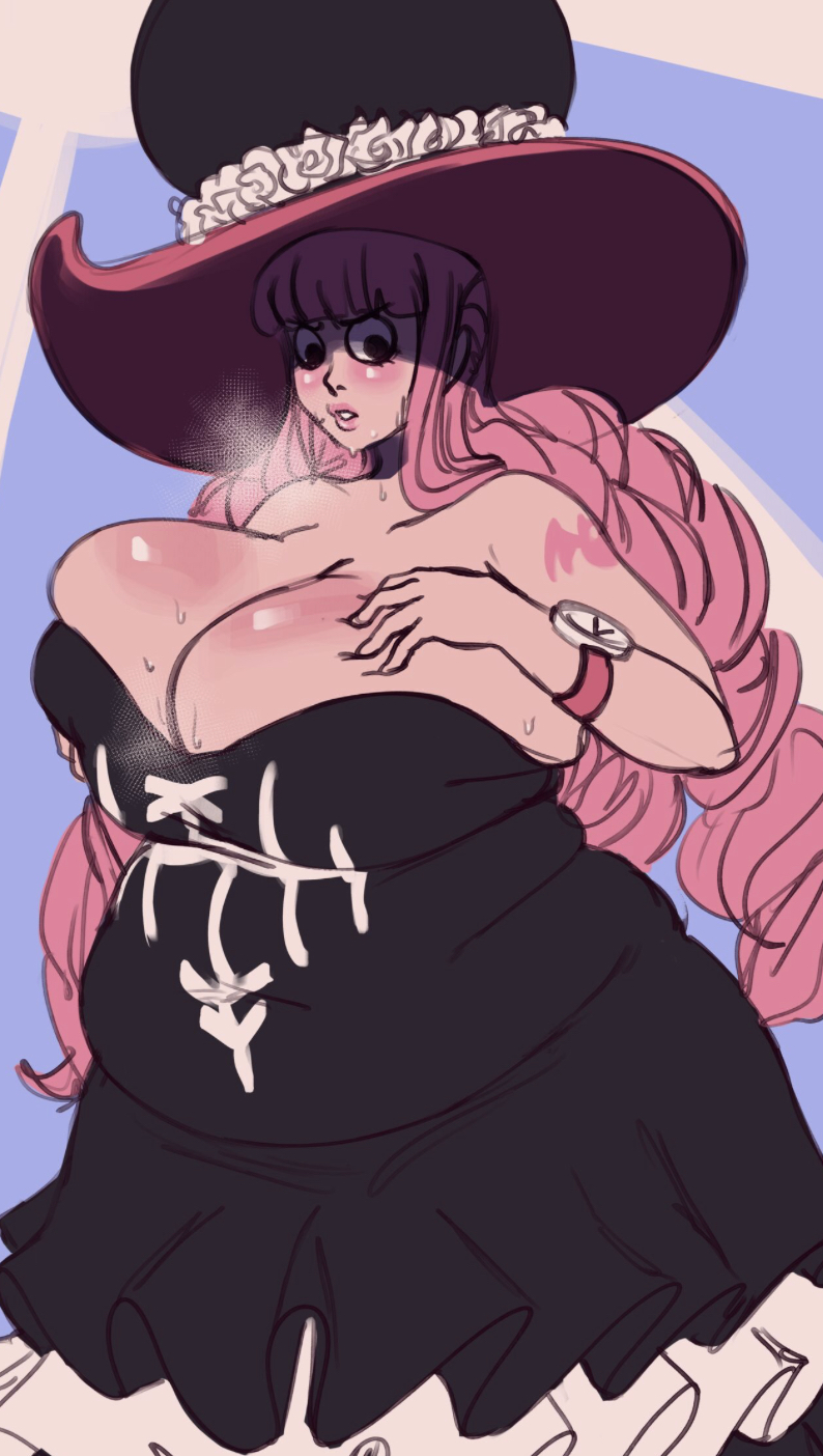 artist request, bbw, big belly, big breasts, breasts, chubby, clothed, female, female only, huge breasts, one piece, overflowing breasts, perona, pink hair, post-timeskip, tagme