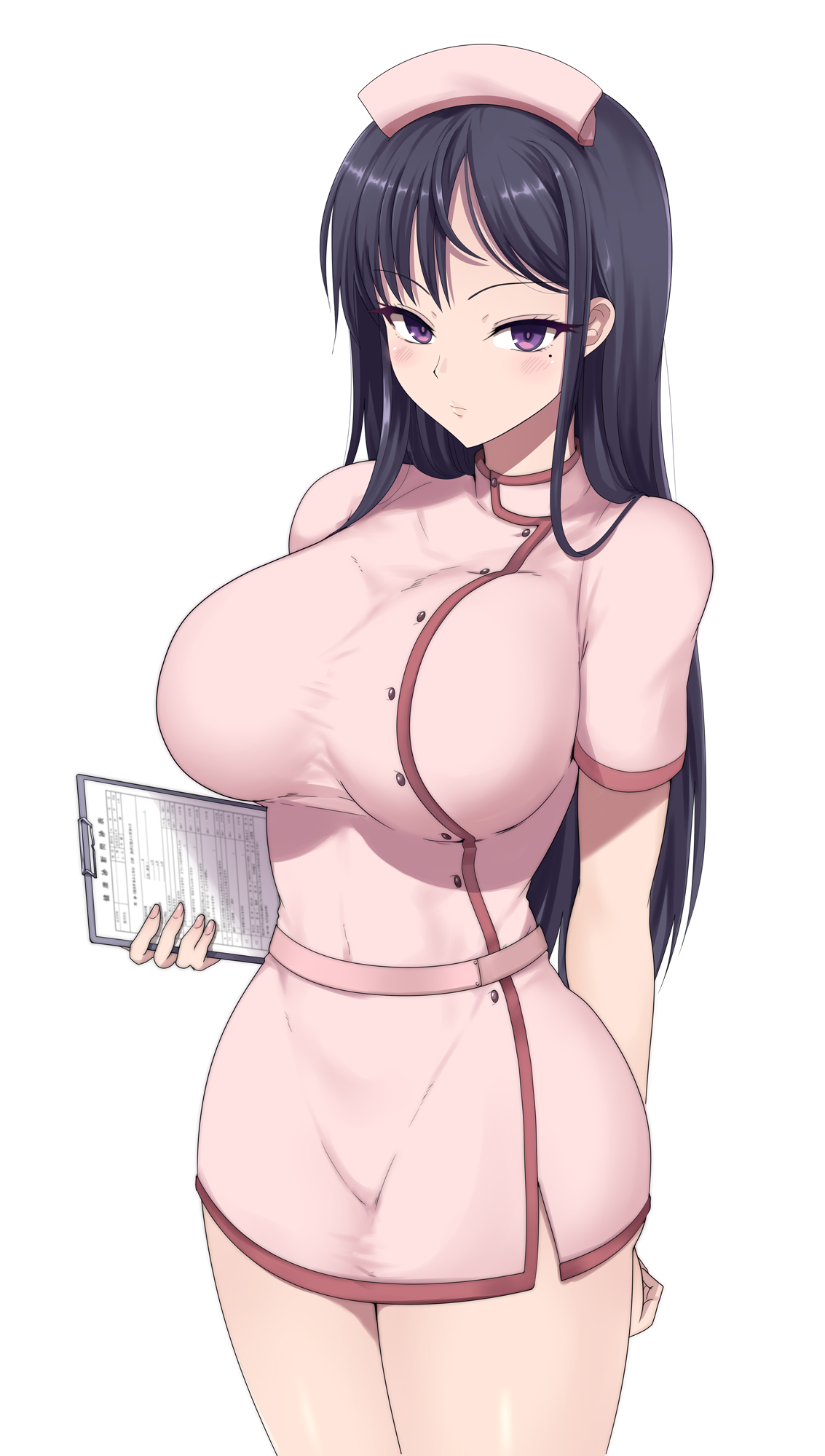 1girls, 2023, absurd res, arm behind head, bare arms, belt, black hair, blush, breasts, clipboard, clothed, clothing, disinterested, dress, emotionless, emotionless female, expressionless, eyebrows visible through hair, female, female only, fit, fit female, hat, highres, holding clipboard, hourglass figure, indifference, indifferent, kasai shin, large breasts, light skin, light-skinned female, long hair, looking at viewer, mole, mole under eye, nurse, nurse cap, nurse uniform, oblivious, original, pink dress, purple eyes, short dress, simple background, slim waist, solo, standing, thick thighs, thighs, tight clothing, unamused, unbothered, uncaring, unenthusiastic, uniform, white background, wide hips