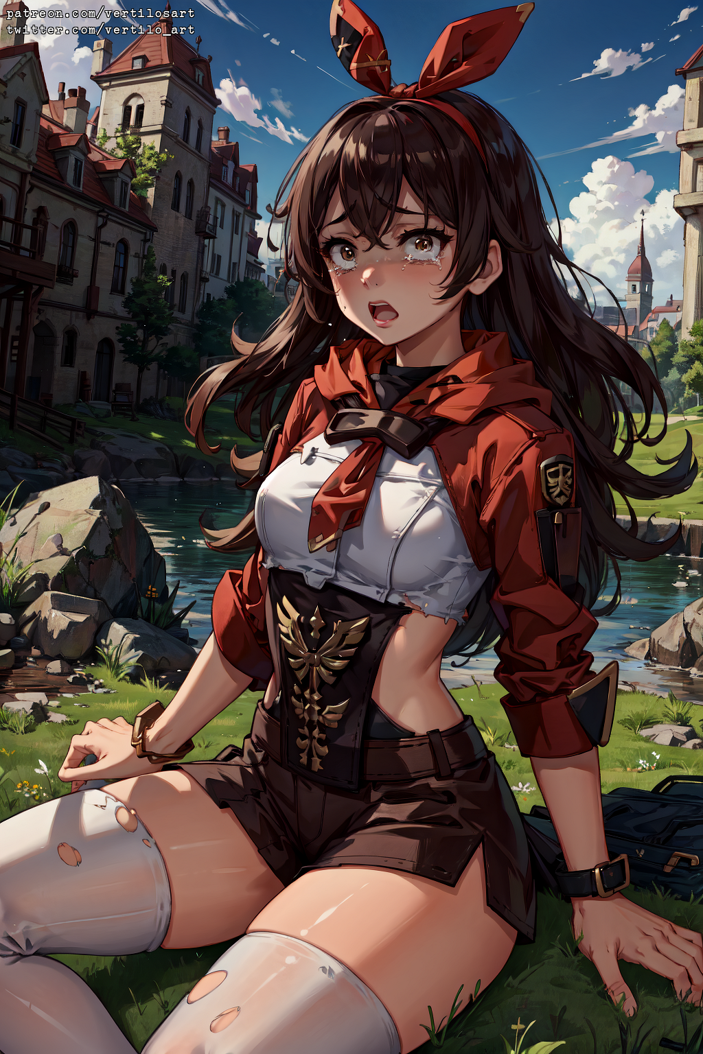 1girls, ai generated, amber (genshin impact), crying, female, female only, genshin impact, open mouth, scared, sitting, solo, tagme, tears, torn clothes, vertiloart