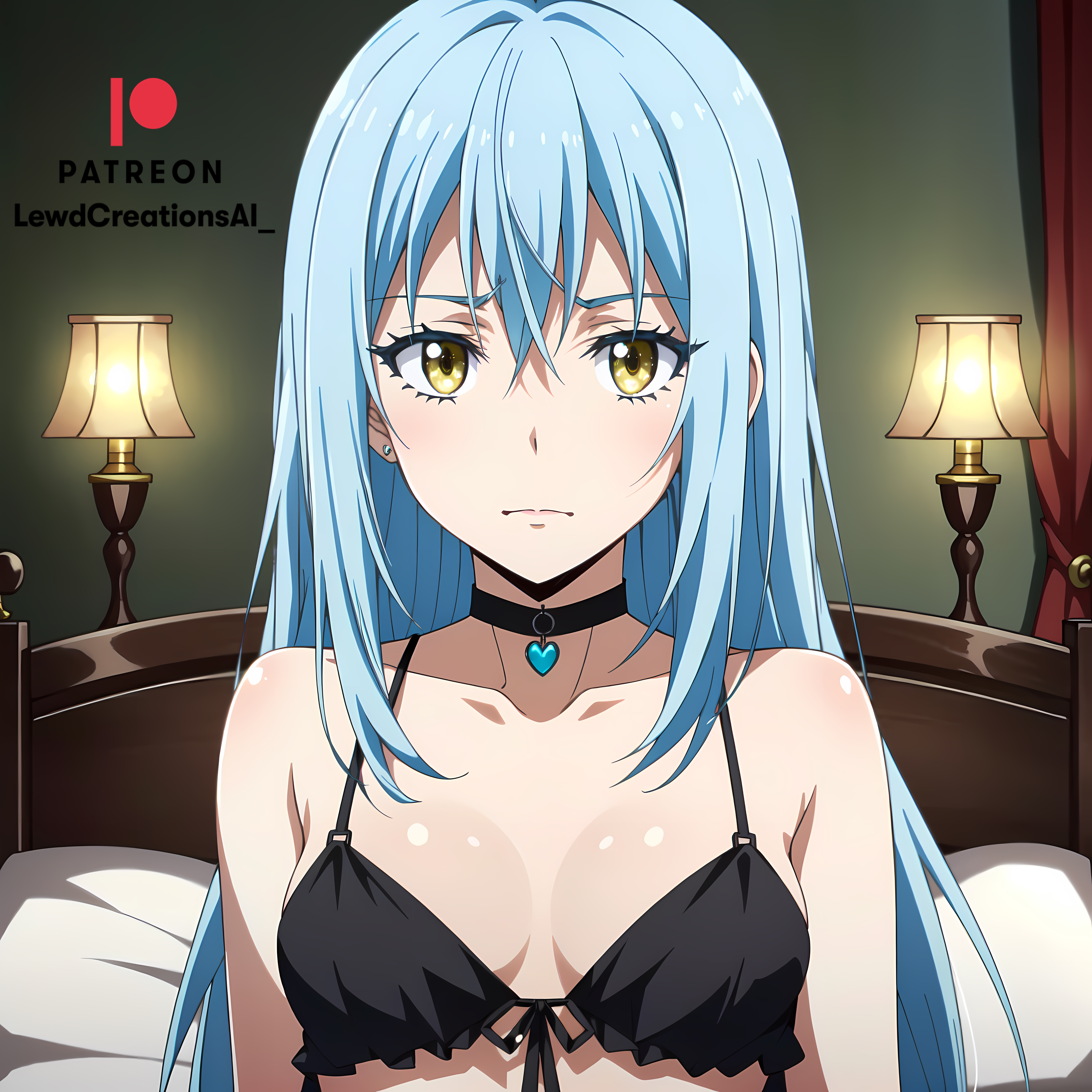 ai generated, bed, bedroom, blue hair, bra, breasts, choker, female, golden eyes, indoors, lewdcreationsai, looking at viewer, petite, pout, pouting, rimuru tempest, small breasts, tensei shitara slime datta ken, yellow eyes