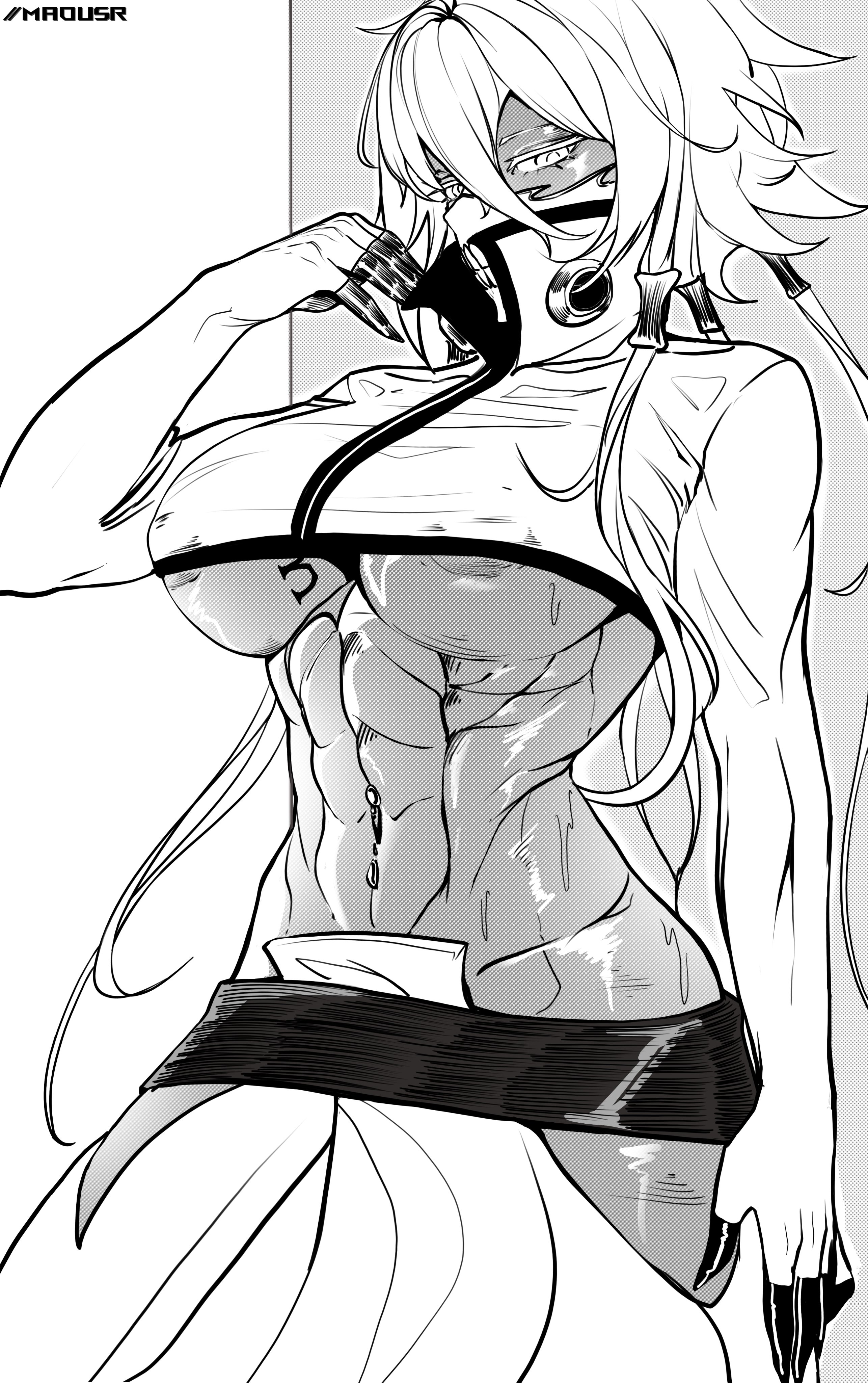 1girls, 2023, abs, areola slip, areolae, artist signature, big breasts, black and white, bleach, breast tattoo, breasts, dark skin, dark-skinned female, female, female focus, female only, gloves, hi res, hips, jacket, looking at viewer, maousr, mask, masked, masked female, monochrome, muscular, muscular female, navel, navel piercing, solo, solo female, solo focus, sweat, tia harribel, toned, toned female, underboob, white background