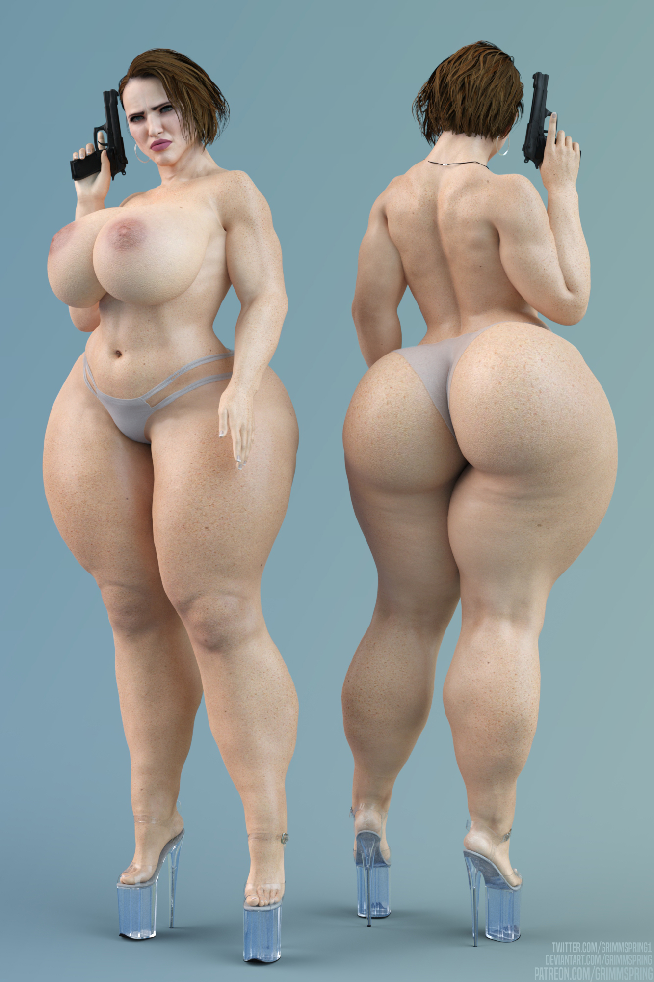 1girls, 3d, ass, back view, big ass, big breasts, bogpilled, breasts, brown hair, earrings, female, freckles, freckles on ass, front view, grimmspring, gun, high heels, huge ass, huge breasts, jill valentine, nipples, panties, platform heels, plump lips, resident evil, solo, solo female, thick thighs, thunder thighs, topless