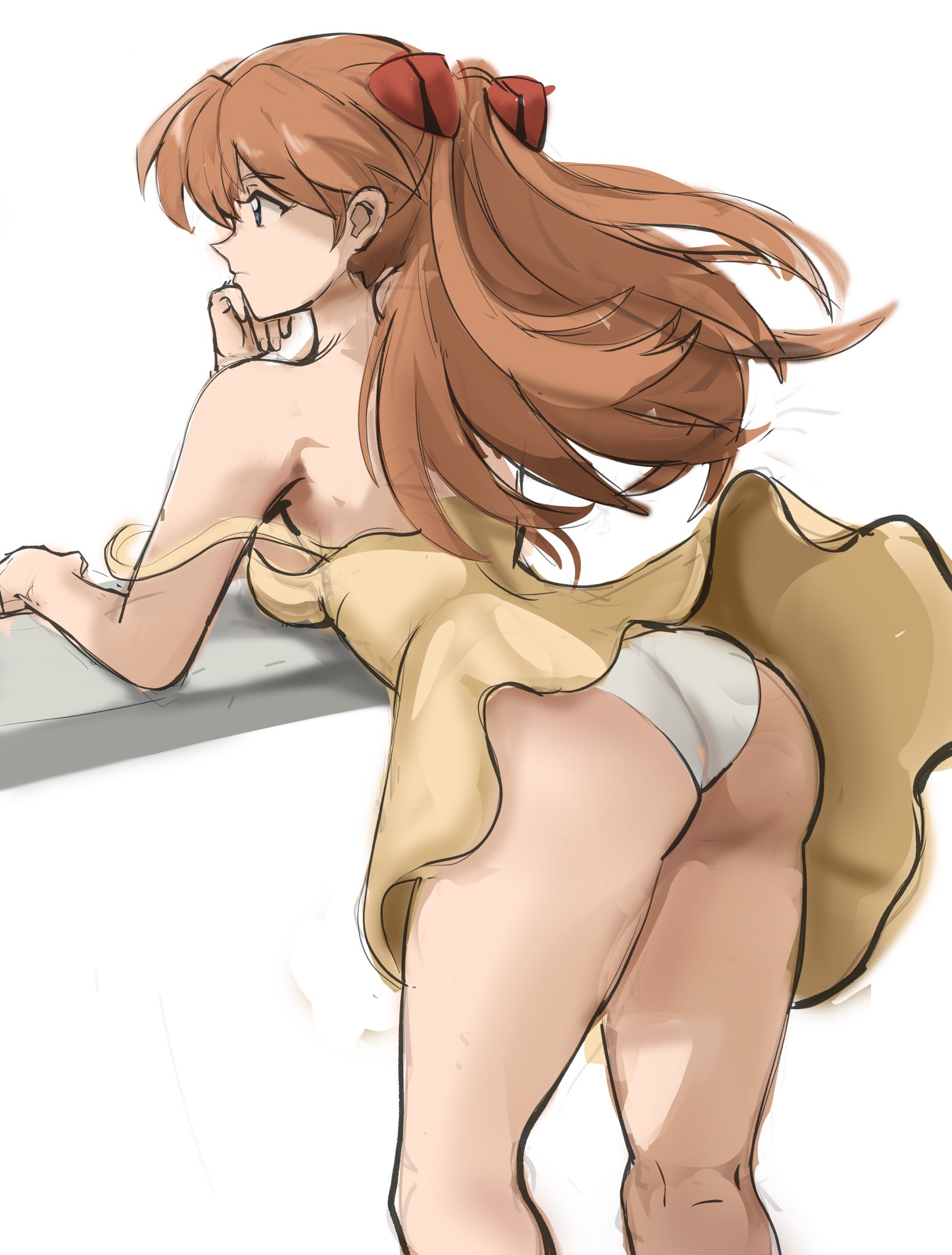 1girls, ass, asuka langley sohryu, back view, dress, dress lift, female, female focus, hair ornament, neon genesis evangelion, orange hair, panties, rakeemspoon, solo, solo female, sundress, tagme, thick thighs, yellow dress