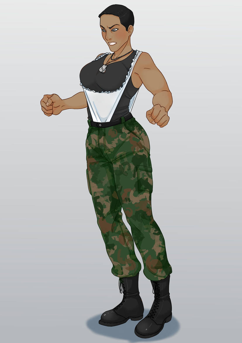 black_tank_top boots camo camo_bottomwear camo_clothing camo_pants camo_print camouflage camouflage_pants dog_tags female frilly_panties marmotap short_hair short_hair_female shoulder_wedgie tan-skinned_female tan_body tan_skin tank_top wedgie wedgies white_panties