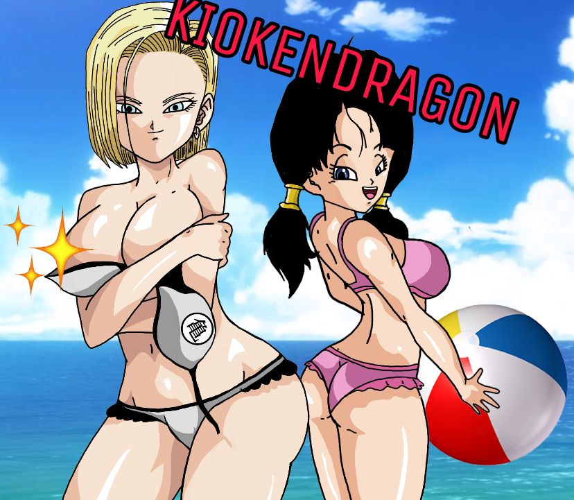 2girls android android_18 artist_name bare_arms bare_back bare_breasts bare_chest bare_shoulders bare_skin bare_thighs beach beach_background beach_ball belly belly_button big_ass big_breasts big_butt black_hair black_hair_female blonde_hair blonde_hair_female blue_eyes censored censored_nipples covered_breasts covered_nipples curvaceous curved_horn curves curvy curvy_body curvy_female curvy_females curvy_figure curvy_thighs dragon_ball dragon_ball_z female/female female_focus female_human female_only hair_over_one_eye hair_over_one_eyes holding_own_breast holding_own_breasts kanji kiokendragon looking_at_viewer looking_back looking_back_at_viewer looking_pleasured milf navel old_art pink_bikini pink_bikini_bottom pink_bikini_top shiny shiny_ass shiny_breasts shiny_butt shiny_hair shiny_skin shiny_thighs smile smiling smiling_at_viewer stars thick thick_ass thick_body thick_breasts thick_butt thick_hips thick_thighs thigh_gap thighs thighs_together twintails videl voluptuous voluptuous_female watermark white_bikini white_bikini_bottom white_bikini_top