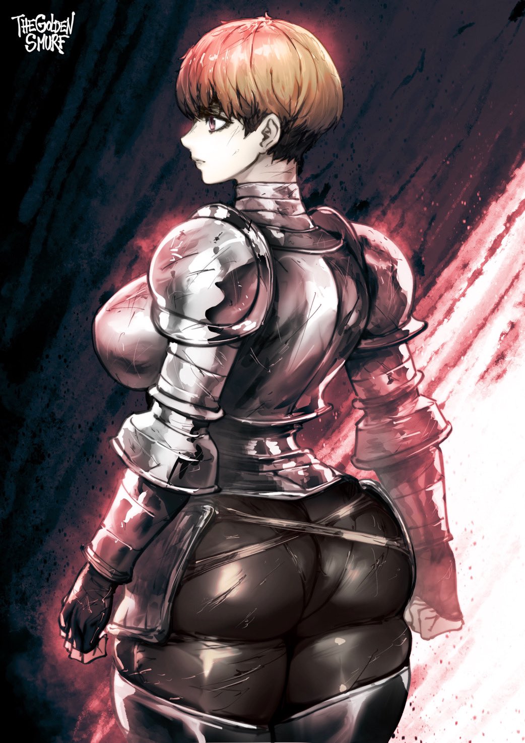 1girls 2d armor ass ass_bigger_than_head backshots big_ass big_breasts blonde_hair breasts brown_eyes clothing color d'arce dat_ass fear_and_hunger female female_focus female_knight female_only knight panties solo solo_female thegoldensmurf thick_thighs tomboy wide_hips