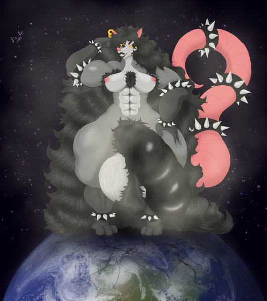 abs anklet armband armpit_hair astronomical_hyper ball_tuft biggus_nuttus black_hair black_lips chest_tuft cracks deity destruction digital_drawing_(artwork) earrings goddess grey_fur hyper hyper_balls hyper_foreskin hyper_penis long_hair muscular musk opossum planet planetary_macro pubes tail_ring vileposs_joey_(artist) vileposs_joey_(character) yellow_eyes