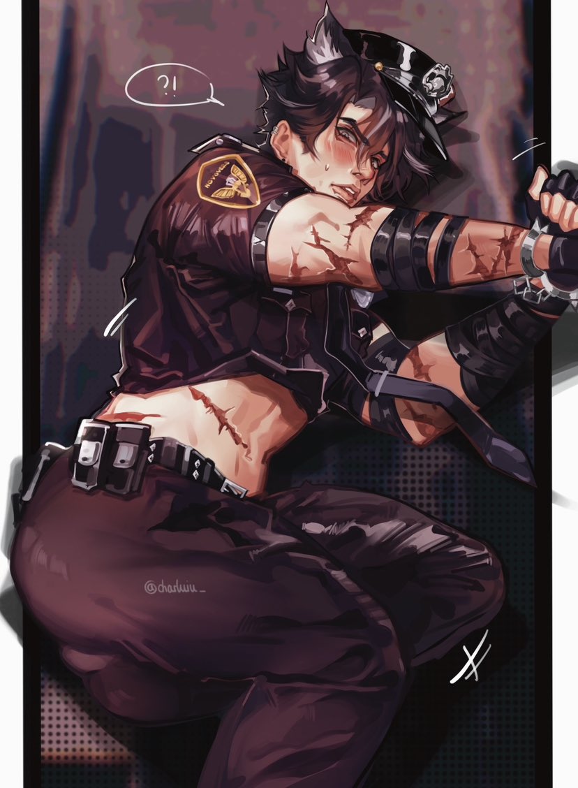 !? 1boy ?! abs ass ass_cleavage backsack black_hair blue_eyes blush bondage bulge bulge_through_clothing charluiu clothed clothed_male exclamation_point gay genshin_impact handcuffed male male_focus male_only muscular muscular_male piercing restrained scars scars_all_over solo solo_focus solo_male tied tied_up underwear wriothesley_(genshin_impact) yaoi zipper_down