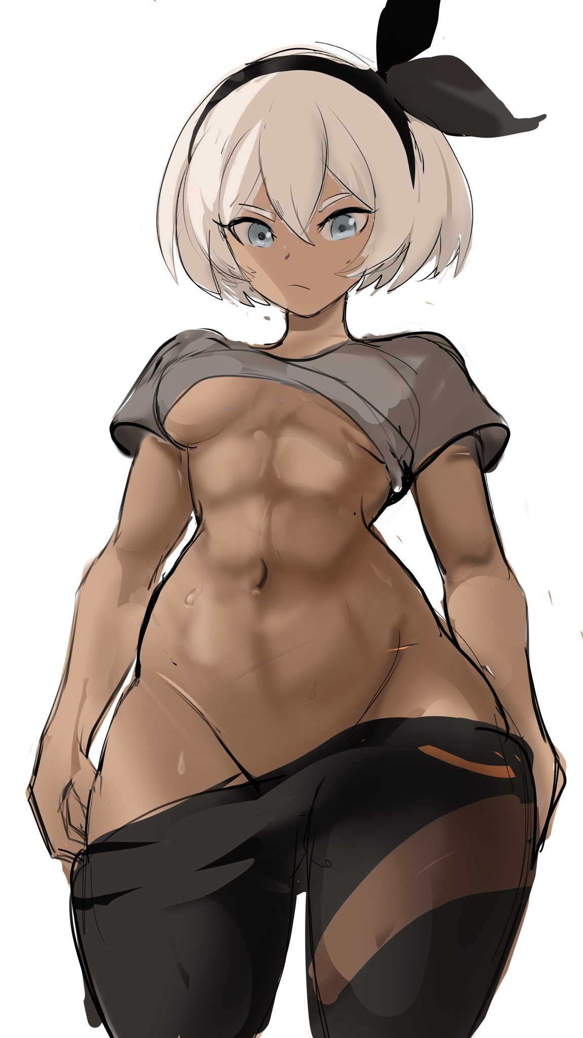 1girls, 2d, abs, bea (pokemon), blue eyes, breasts, brown skin, brown-skinned female, dark skin, dark-skinned female, female, fit, fit female, grey hair, hairband, hips, human, looking at viewer, looking down, nintendo, pokemon, pokemon ss, rakeemspoon, short hair, shorts down, solo, sportswear, tagme, top lift, white background, white hair, white-haired female, wide hips