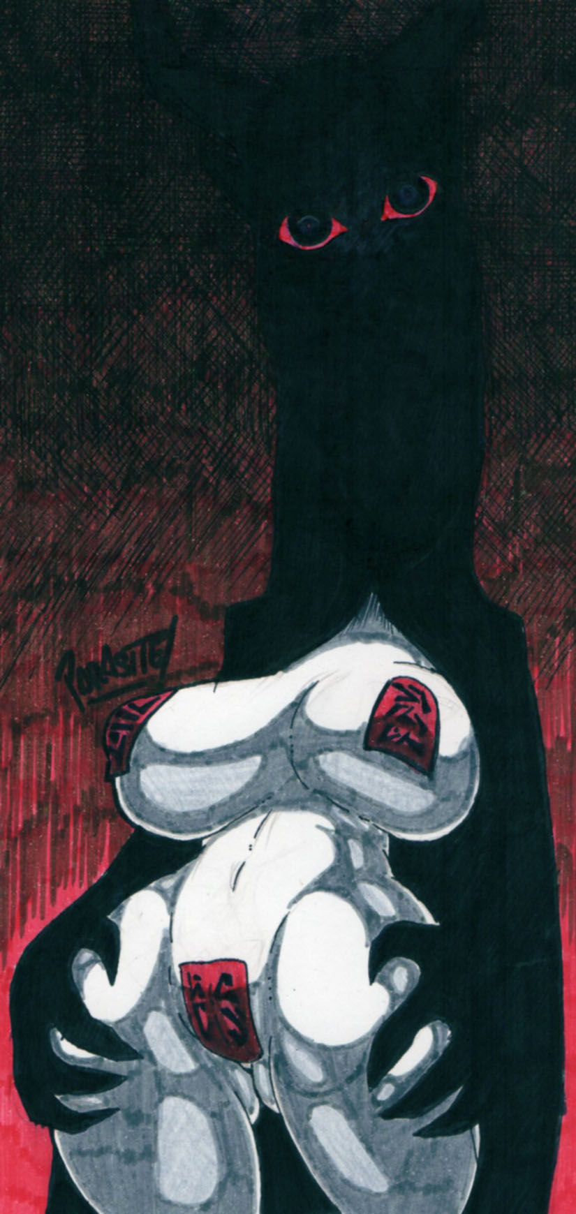 2022 big_breasts black_pupils breasts butt_from_the_front female functionally_nude hi_res long_neck looking_at_viewer monster monster_girl nightmare_waifu nipple_tape no_mouth ofuda pale_skin parasitedeath parasiteterror pussy_tape red_sclera solo solo_female tagme taped_nipples taped_pussy thick_thighs