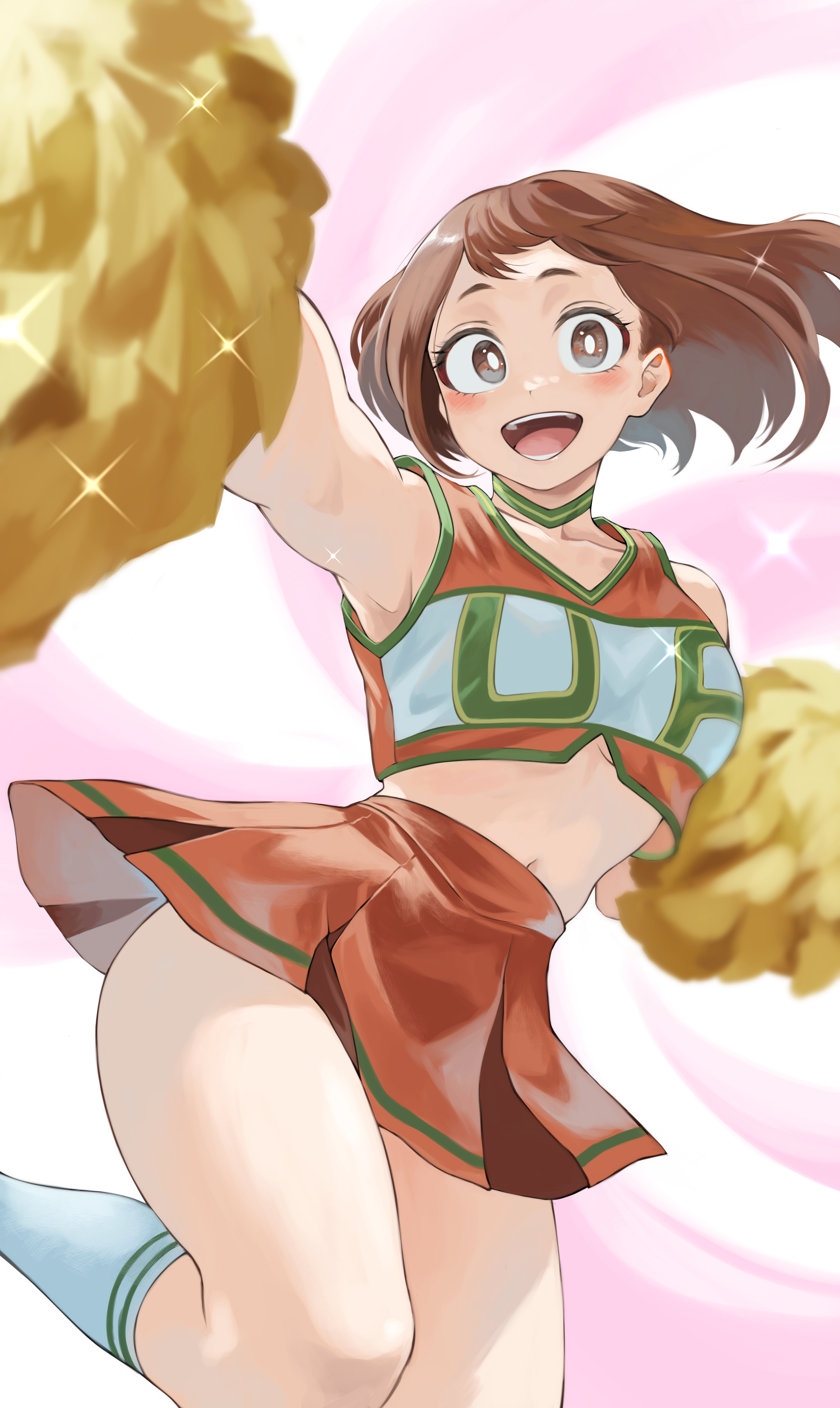1girls, breasts, brown eyes, brown hair, brown-haired female, cheerleader, clothed, female, fengling (furin-jp), knee socks, kneehighs, kneesocks, light skin, light-skinned female, looking at viewer, medium breasts, midriff, my hero academia, ochako uraraka, pom poms, smile, socks, thighs, u.a. cheerleader outfit, white socks