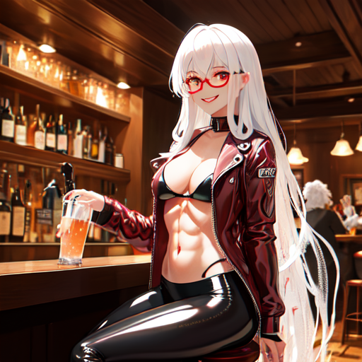 ai_generated choker drink drinking drinking_alcohol eldritch_horror glasses jacket latex leather_jacket muscular_female nemus_waifu_generator night_out original_character people_in_background red_eyes six_pack solo tavern white_hair