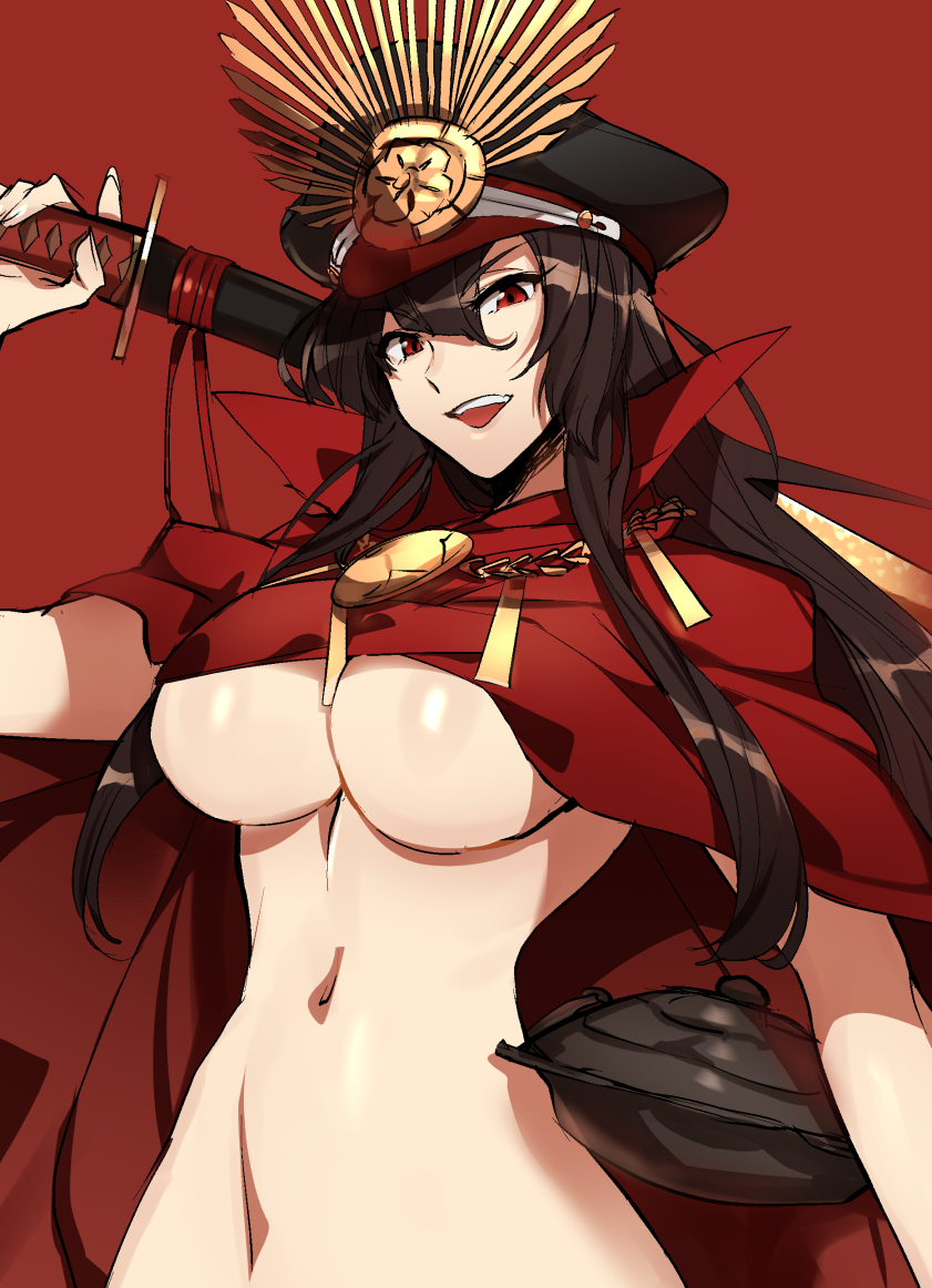 1girls black_hair breasts cape convenient_censoring fate/grand_order fate_(series) female hat koha-ace large_breasts long_hair looking_at_viewer military_hat navel nude oda_nobunaga_(fate) open_mouth out_of_frame red_background red_eyes rokuji smile solo underboob weapon