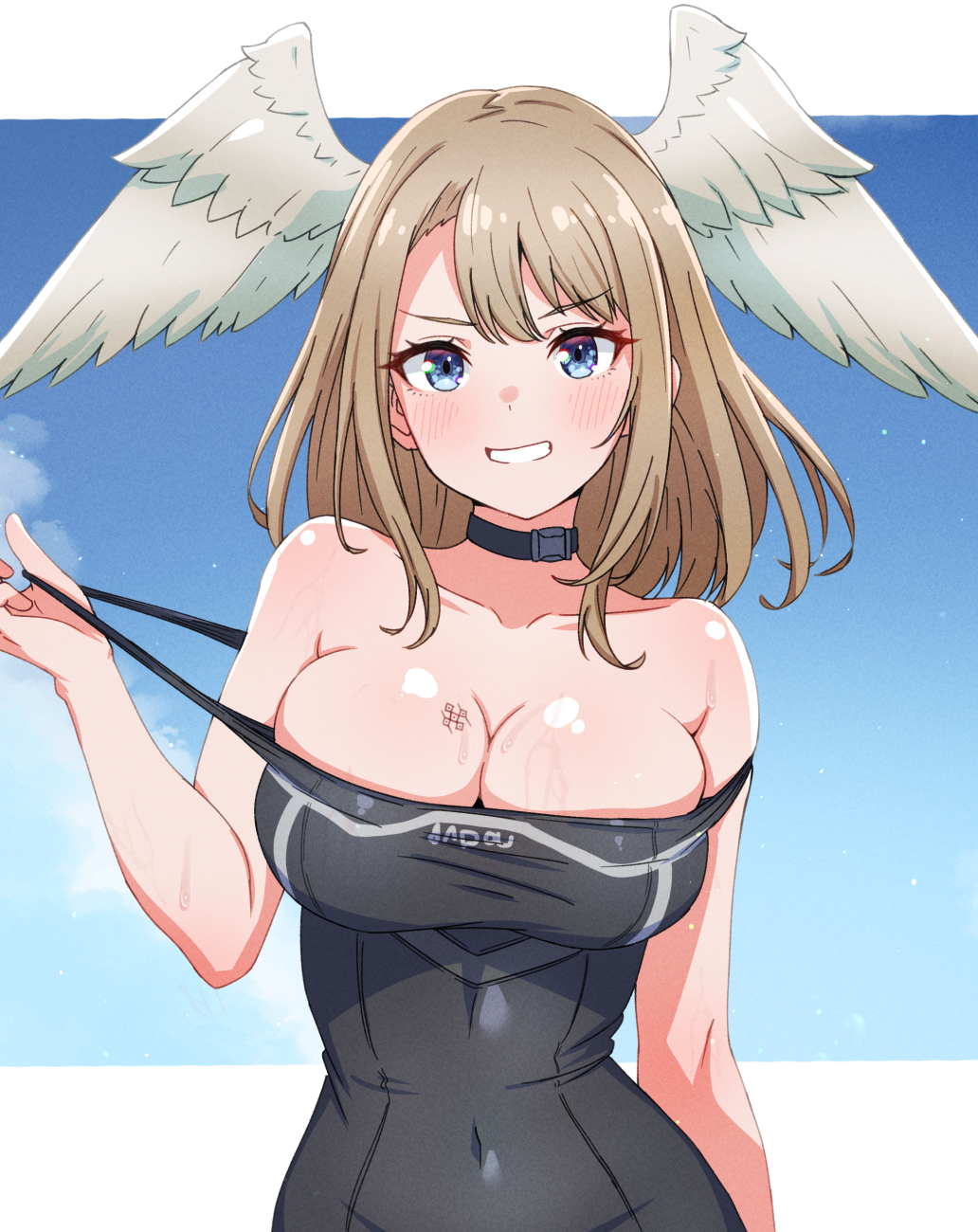 :d bare_shoulders big_breasts black_bodysuit blue_eyes blue_sky blush bodysuit breasts brown_hair choker cleavage cleavage_overflow clothed clothing collar collarbone commentary_request covered_navel day dress eunie_(xenoblade) female grin head_wings highres kamidan large_breasts looking_at_viewer medium_hair navel_visible_through_clothes outside_border overflowing_breasts parted_lips partial_commentary pulled_by_self sky smile solo strap_pull strap_slip tagme upper_body v-shaped_eyebrows wings xenoblade_(series) xenoblade_chronicles_3