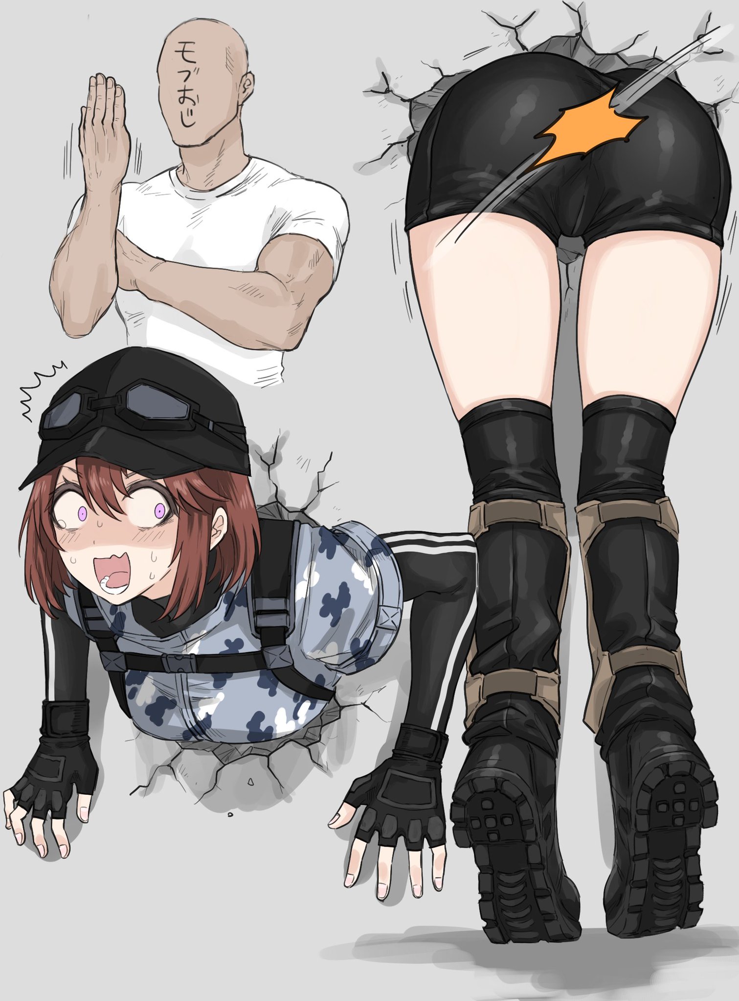 ^^^, 1boy, 1girls, ass, ass slap, boots, character request, copyright request, faceless male, female, fuku (fuku12290574), gloves, goggles, goggles on headwear, hat, highres, jacket, long sleeves, looking back, male, military, military hat, military jacket, military uniform, open mouth, screaming, short hair, spanking, stuck, stuck in wall, sweat, tagme, tears, through wall, tongue, uniform, wide eyed