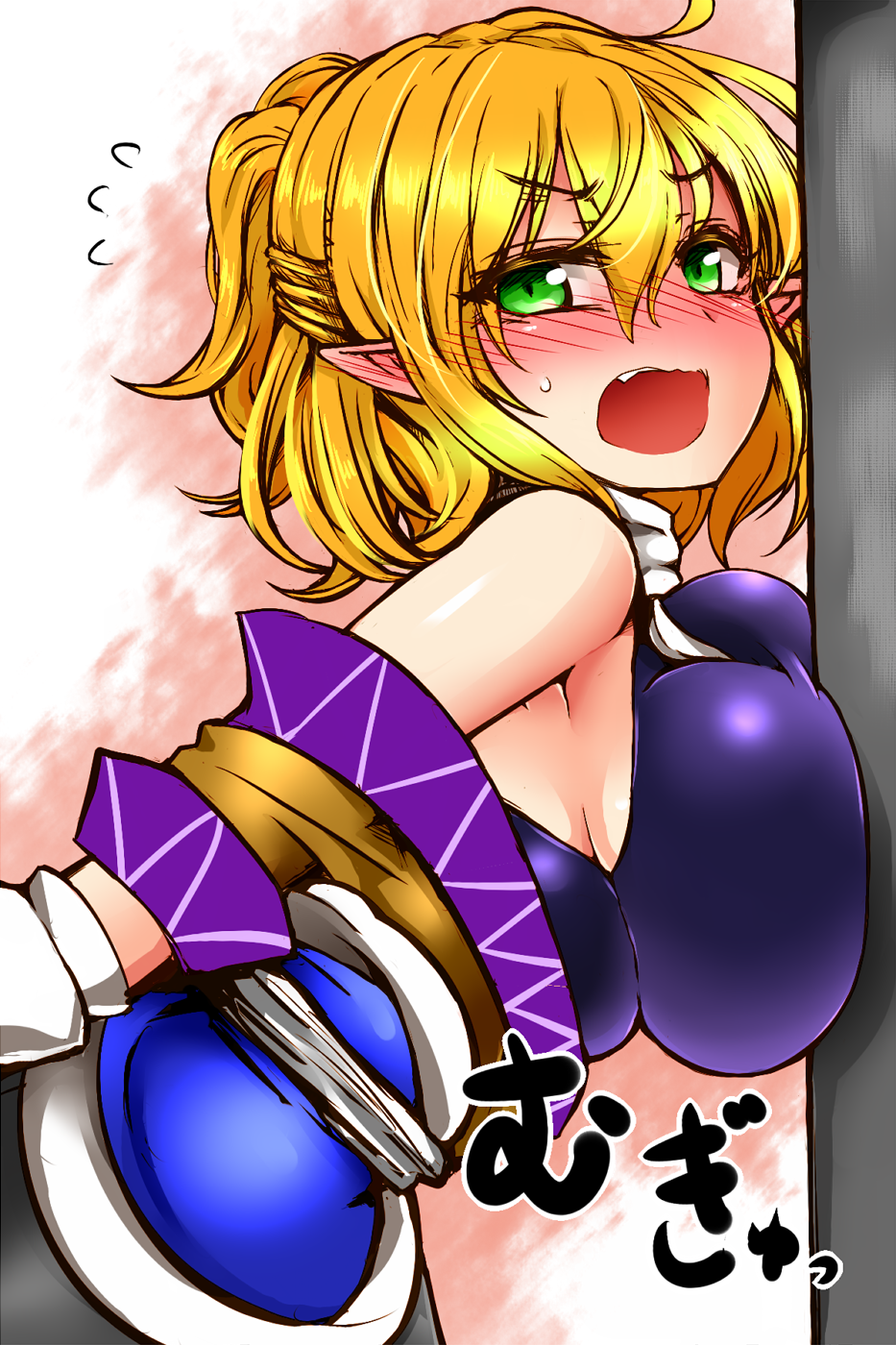 1girls against_wall arm_warmers blonde_hair blush breast_press breasts doggy_style ear_blush embarrassed from_side green_eyes large_breasts looking_at_viewer mizuhashi_parsee open_mouth parsee_mizuhashi pointy_ears roki_(hirokix) short_hair tak taken_from_behind touhou