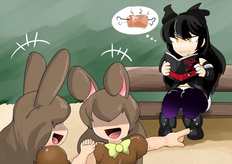 3girls black_bow blake_belladonna book bow brown_hair bunny_ears faunus hughoftheskies hungry multiple_girls reading rwby tagme vore yellow_eyes