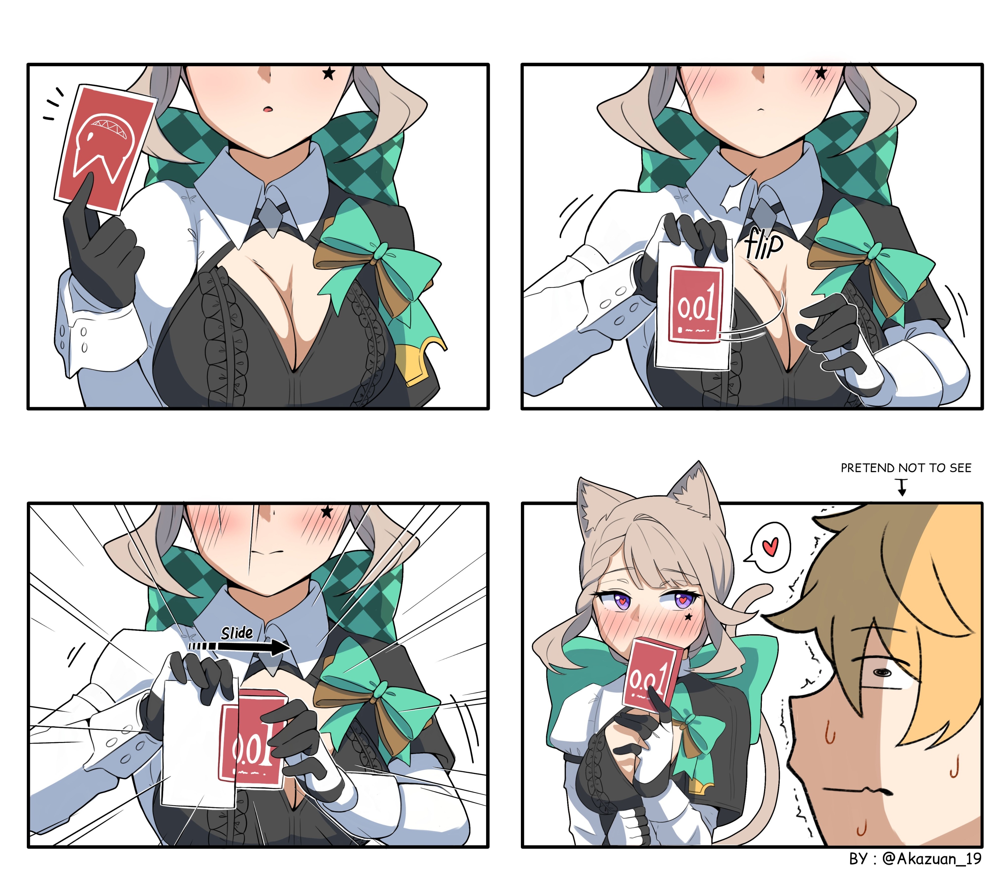 1boy, 1girls, aether (genshin impact), akazuan 19, blush, breasts, card, cat ears, cleavage, comic, condom, condom box, female, genshin impact, heart, horny, horny female, lynette (genshin impact), magic, magical girl, male, mihoyo, sweatdrop