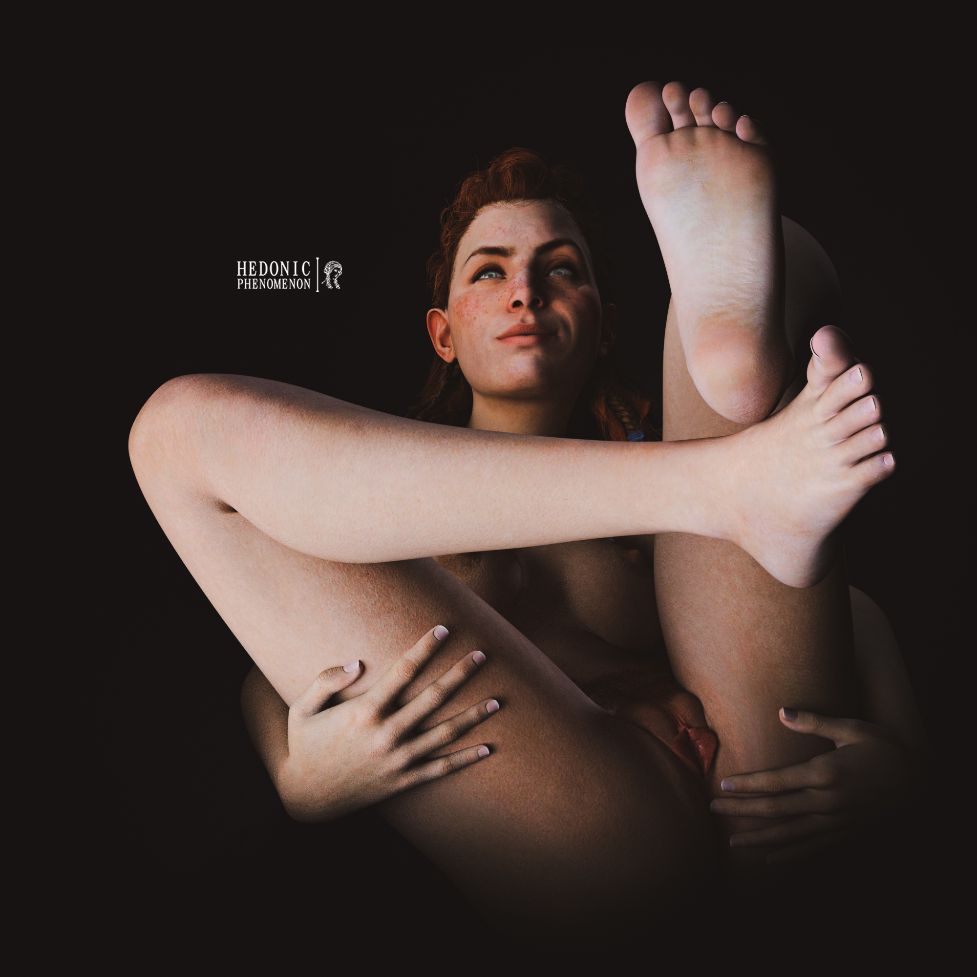 1girls, 3d, aloy, athletic, athletic female, braid, feet, feet up, female, female focus, female only, hedonicphenomenon, horizon zero dawn, legs up, lying, nude, nude female, pinup, pinup pose, realistic, red hair, soles, tagme, toes