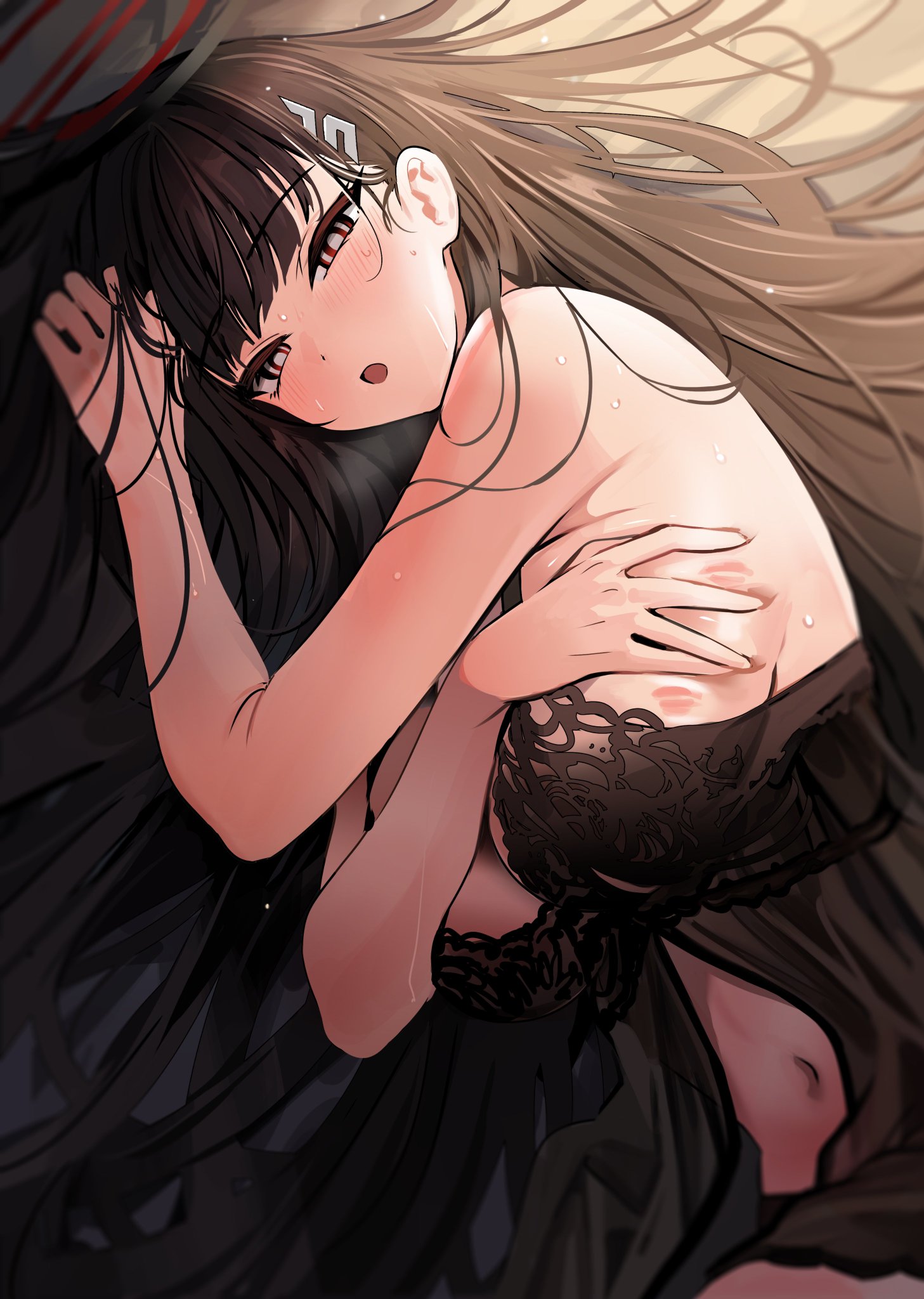 black and red halo, blue archive, breasts, covering breasts, embarrassed, female, huge breasts, lingerie, lipstick mark, lying on bed, lying on side, millennium science school student, negligee, rio (blue archive), seminar (blue archive), seminar president, student council president, sweatdrop, tagme (artist), yuki (asayuki101)