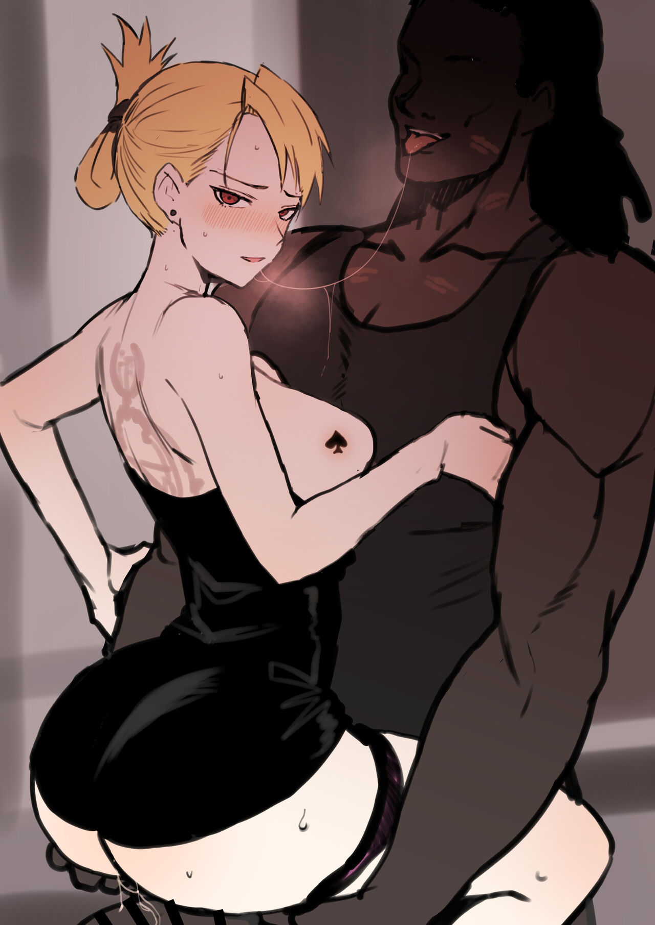 1boy 1girls big_breasts big_penis black_dress blonde_hair blush breasts censor_bar censored censored_penis dark-skinned_male dark_skin dress ear_piercing female fullmetal_alchemist huge_breasts huge_cock interracial large_penis light-skinned_female light_skin long_hair looking_at_viewer male muscular muscular_male netorare ntr pale-skinned_female penis queen_of_spades red_eyes riza_hawkeye saliva_trail sideboob size_difference smile spade_tattoo tattoo terasu_mc tied_hair