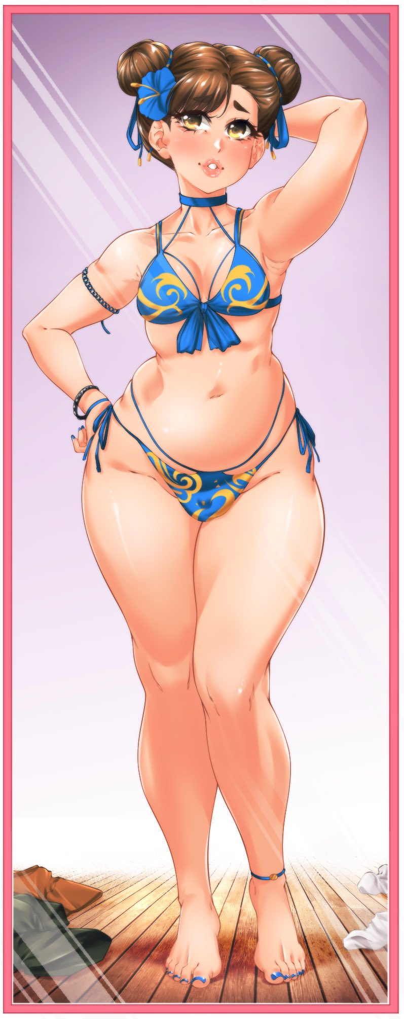 1boy 1femboy bikini brown_hair bulge chun-li femboy front-tie_bikini hair_buns painted_nails rule_63 side-tie_bikini skindentation small_breasts solo_femboy street_fighter suiren_ciao tagme thick_boy thick_femboy thick_thighs wide_hips