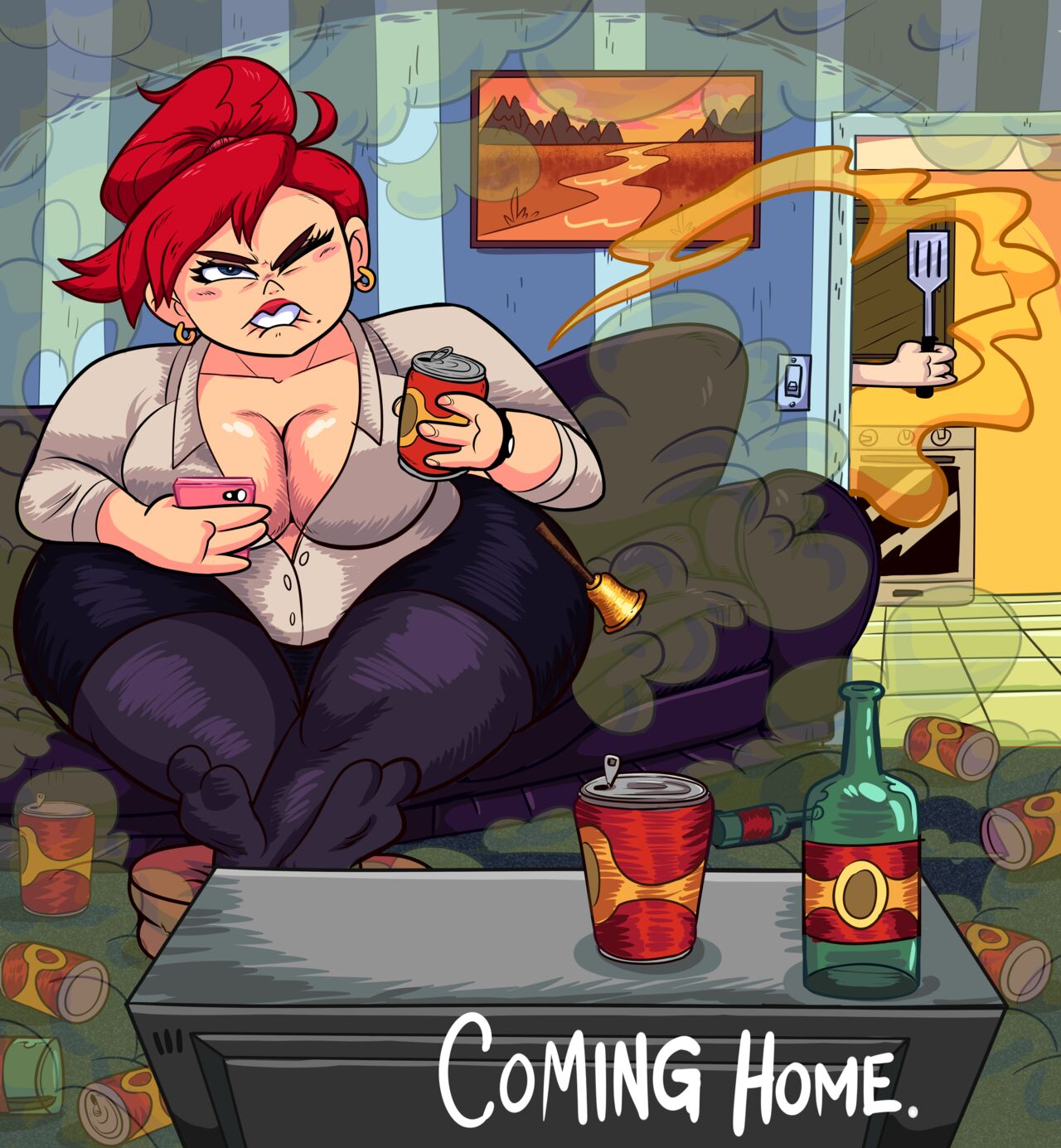 1girls, ass, beer bottle, beer can, big ass, big breasts, breasts, cleavage, fart, female, happypokeyboy, red hair, solo female, thick thighs