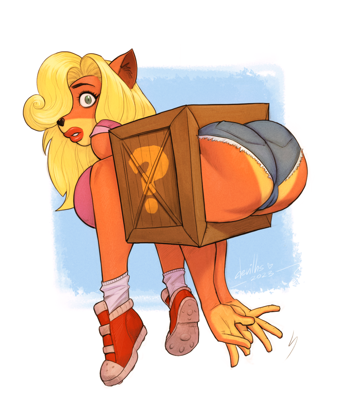 1girls, 2023, 4 fingers, activision, animal ears, animal nose, anthro, artist name, ass, ass focus, bandicoot, big breasts, black nose, blonde hair, bottomwear, box, breasts, camel toe, cameltoe, clothed, clothing, crash (series), crash bandicoot (series), cutoffs, denim, denim clothing, denim shorts, devil hs, eyebrows, eyelashes, female, fingers, folded, footwear, full body, fully clothed, furry, furry female, green eyes, hair, hair over eye, hair over one eye, hi res, lipstick, long hair, looking at viewer, makeup, mammal, marsupial, one eye obstructed, pussy, red lipstick, shirt, shoes, short shorts, shorts, sneakers, snout, socks, solo, stuck, stuck in object, t-shirt, tawna bandicoot, through wall, tight clothing, topwear