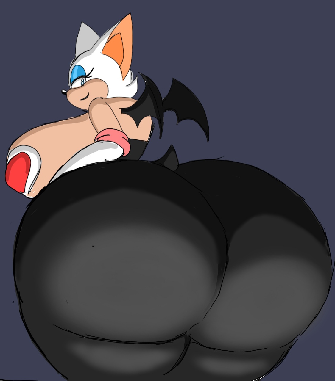 1girls, 2d, 2d (artwork), 2d artwork, anthro, anthro penetrating anthro, ass, bat ears, bat girl, bat tail, bent over, big ass, big breasts, black background, black legwear, blue ears, breasts, color, colored, curvaceous, curves, curvy, curvy body, curvy figure, elbow gloves, eyelashes, eyeshadow, female, fur, furry, furry only, gloves, half-closed eyes, huge ass, huge breasts, huge butt, huge thighs, hyper ass, light skin, light-skinned female, light-skinned fur, long eyelashes, looking at viewer, looking back, looking back at viewer, mammal humanoid, massive ass, massive breasts, massive butt, massive thighs, mobian, mobian (species), mobian bat, momiji (artist), pink topwear, rouge the bat, round ass, round butt, sega, sideboob, simple background, simple shading, smile, smiling at viewer, smug, solo, sonic (series), sonic adventure 2, sonic the hedgehog (series), thick thighs, thunder thighs, thunderthighs, two-tone fur, white body, white fur, white gloves, wide hips