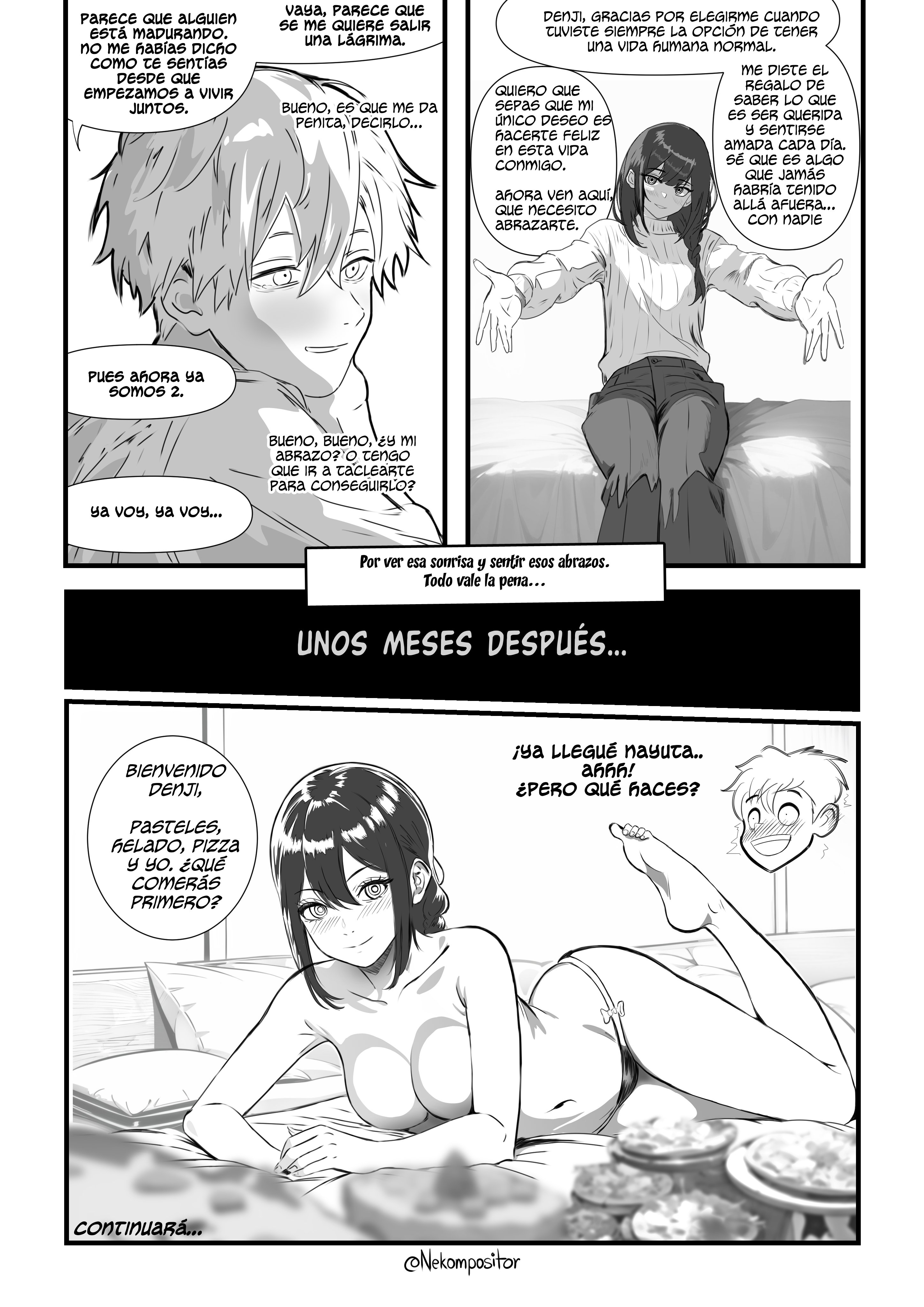 1boy, 1girls, breasts, chainsaw man, cleavage, comic, comic panel, denji (chainsaw man), feet, female, female focus, male, naked female, nayuta (chainsaw man), nekompositor, small breasts, spanish text, tagme (artist), thong, translation request