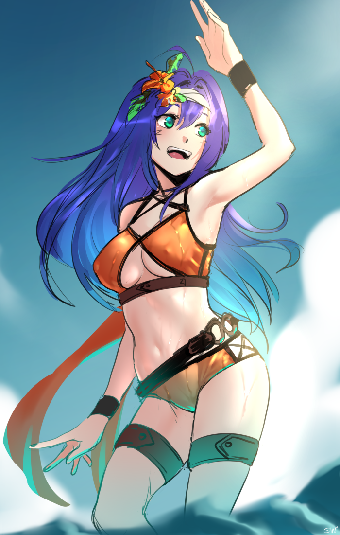 1girls alternate_costume aqua_eyes armpits bikini breasts cleavage covered_nipples female female_only fire_emblem fire_emblem:_path_of_radiance fire_emblem:_radiant_dawn fire_emblem_heroes green_eyes long_hair medium_breasts mia_(fire_emblem) nintendo ocean official_alternate_costume open_mouth orange_bikini orange_swimsuit outdoors purple_eyes sinccubi smile solo swimsuit underboob