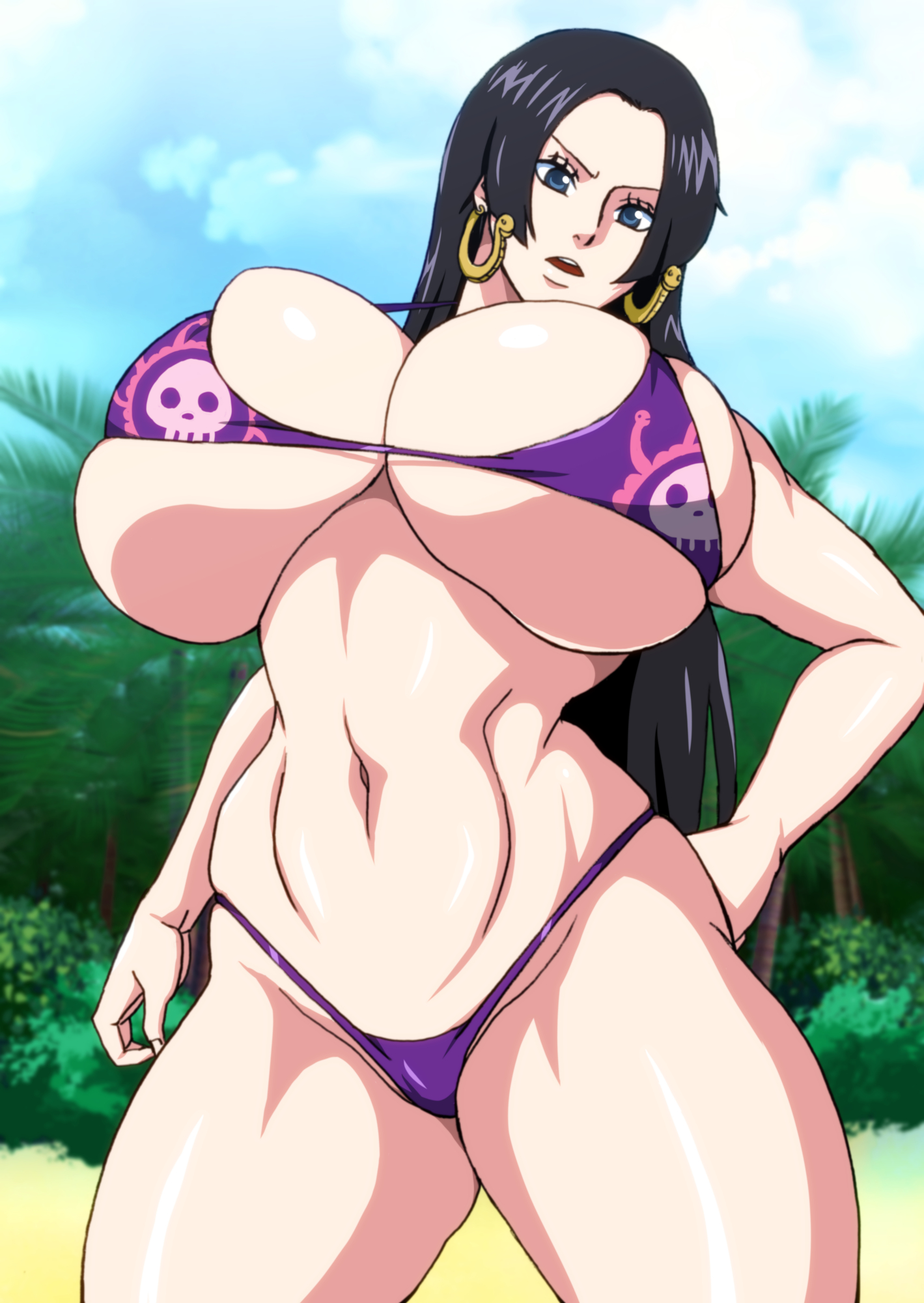 big breasts, bikini, bimbo, black hair, blue eyes, boa hancock, breasts, bursting breasts, earrings, female, female only, gigantic breasts, huge breasts, large breasts, long hair, looking at viewer, naruho, one piece, purple bikini, tight clothing, voluptuous, voluptuous female