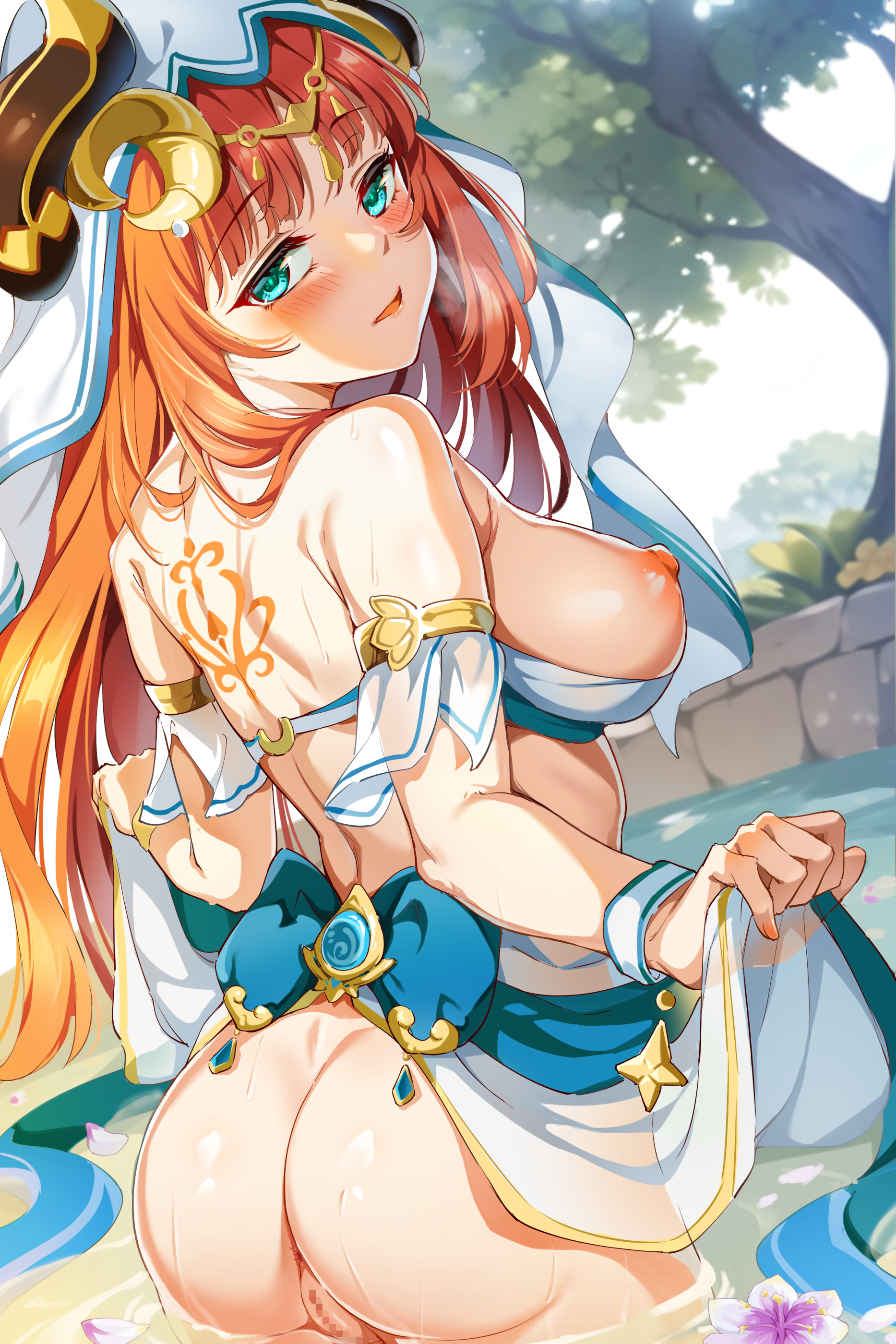 absurdres, armlet, ass, back, back tattoo, blue skirt, blush, breasts, breasts out, censored, fake horns, female, flower tattoo, genshin impact, green eyes, hair ornament, harem outfit, highres, horns, large breasts, long hair, looking at viewer, looking back, miazi, nilou (genshin impact), nipples, parted lips, pussy, red hair, sash, sidelocks, skirt, solo, tattoo, tree, veil, vision (genshin impact), wading, water, wet, wrist cuffs