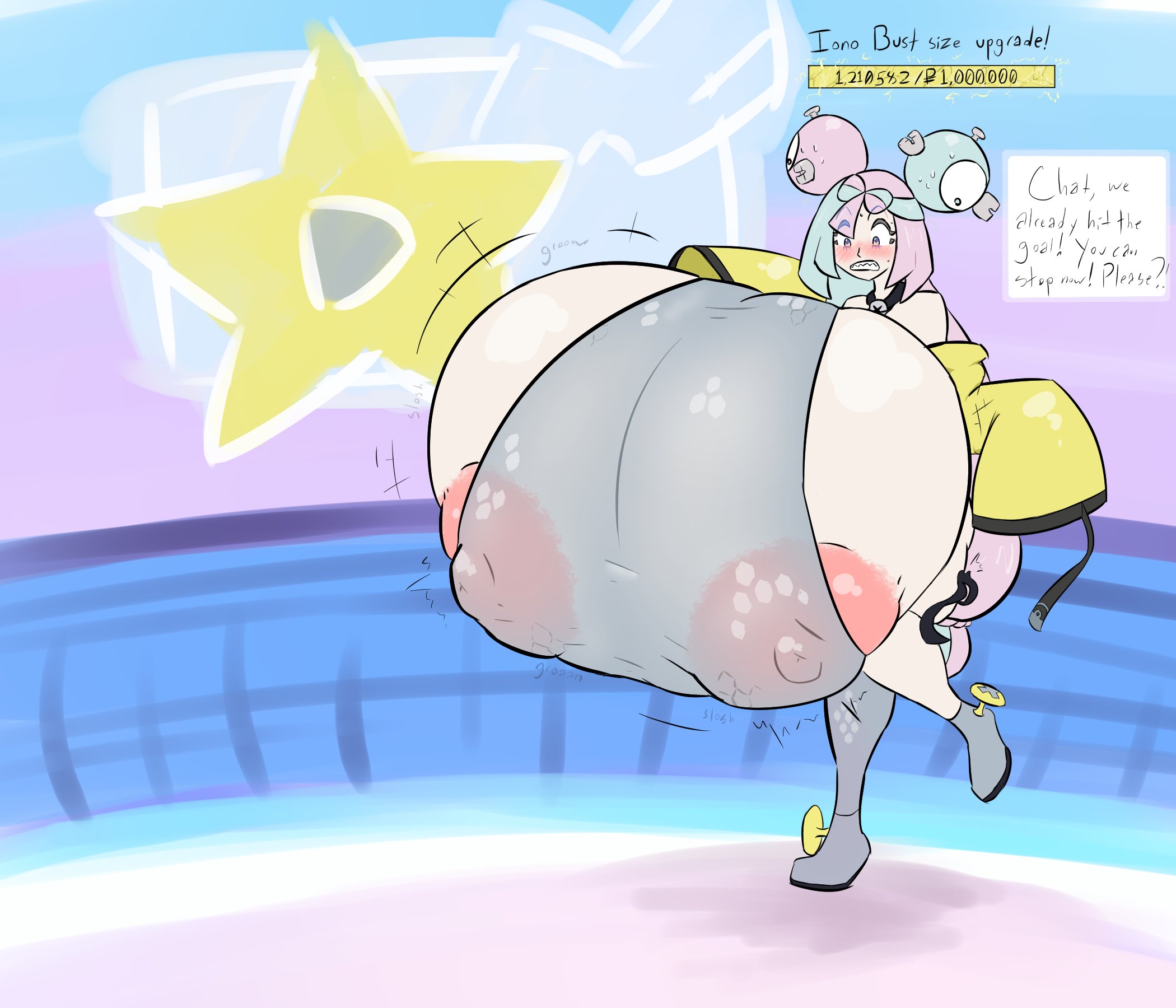 alternate breast size, ass, big ass, big breasts, breast expansion, breast growth, breast growth (enlargement), breasts, breasts bigger than head, browstiger, clothed, excessive breast, expansion, female, female only, huge breasts, hyper, hyper breasts, iono (pokemon), nintendo, nipples visible through clothing, no bra, no underwear, oversized breasts, pokemon, pokemon sv, see-through, sideboob, streaming