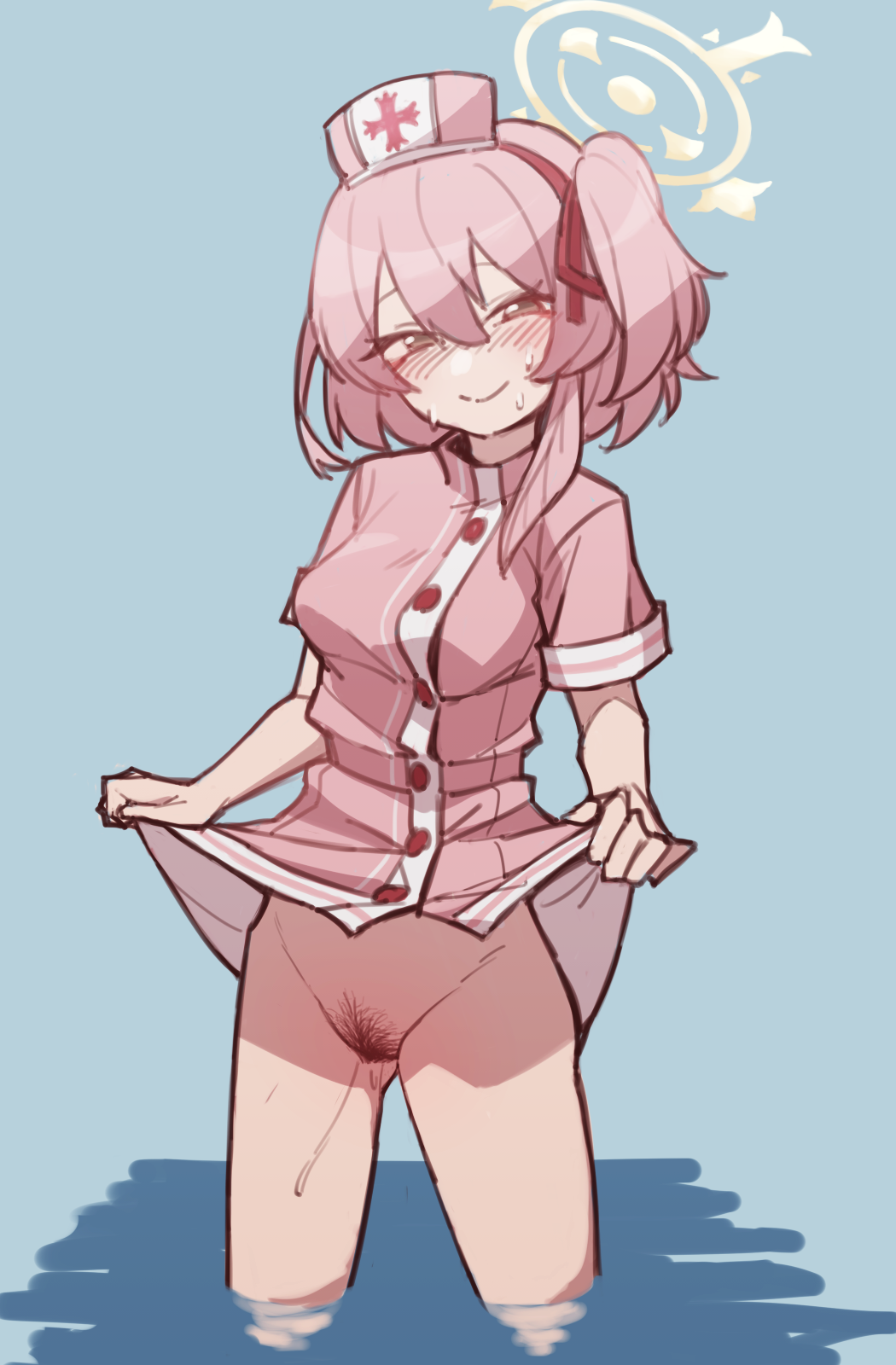 blue_archive blush bottomless breasts brown_eyes clothes_lift dress female female_pubic_hair hair_between_eyes hair_ribbon halo hat highres lifted_by_self looking_at_viewer medium_breasts mikaku_(vbvpahw9) nurse_cap pink_dress pink_hair pubic_hair red_ribbon remedial_knights_(blue_archive) ribbon serina_(blue_archive) serina_(nurse)_(blue_archive) short_dress short_sleeves simple_background smile solo trinity_general_school_student wading water wet