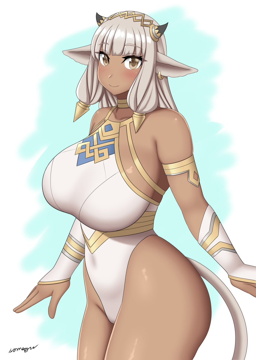 1girls, animal ears, ash (fire emblem), bare thighs, breasts, brown eyes, cow girl, dark skin, dark-skinned female, female, female only, fire emblem, fire emblem heroes, grey hair, horns, large breasts, looking at viewer, nintendo, solo, somegu, thick thighs, thighs