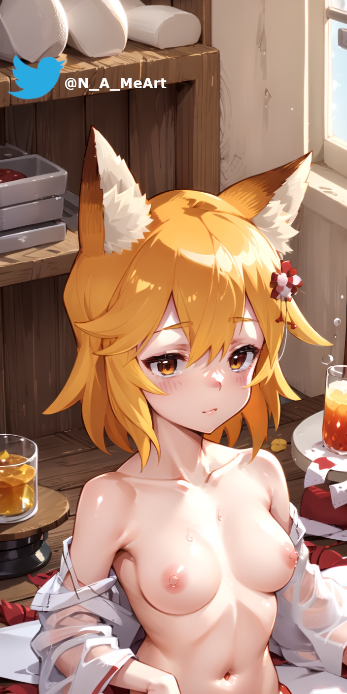 ai_generated animal_ears blush cum_in_breasts fire_hair fluffy_ears fox fox_ears fox_girl hair_ornament indoors medium_breasts n_a_me nipples nude nude_female senko senko_(sewayaki_kitsune_no_senko-san) sewayaki_kitsune_no_senko-san smile upper_body wet wooden_floor