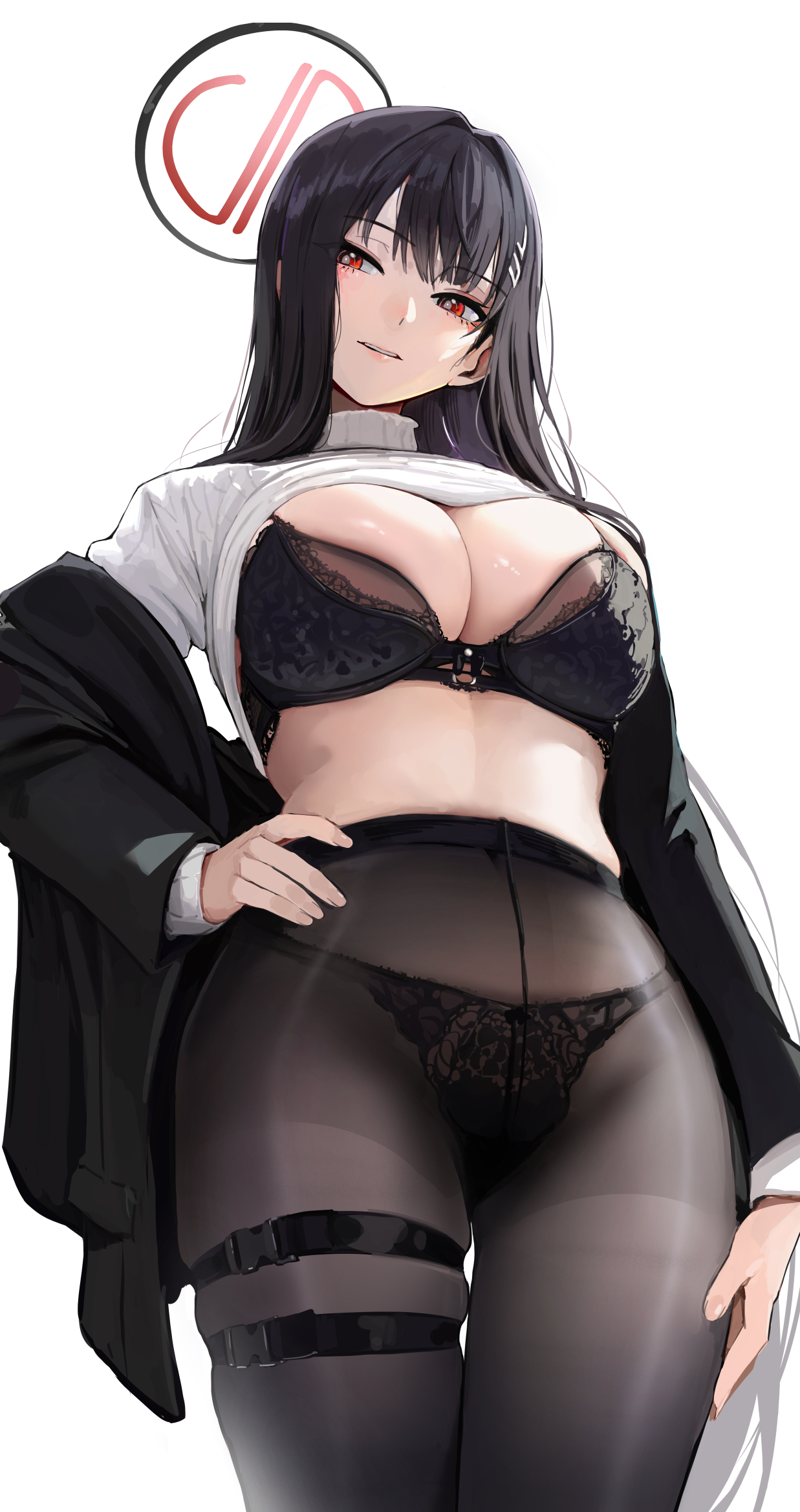 1girls, black and red halo, black hair, black halo, blue archive, bra, breasts, chela77, cleavage, female, halo, hand on hip, hi res, large breasts, light skin, light-skinned female, long hair, millennium science school student, panties, pantyhose, red eyes, red halo, rio (blue archive), seminar (blue archive), seminar president, student council president, top lift, white pupils