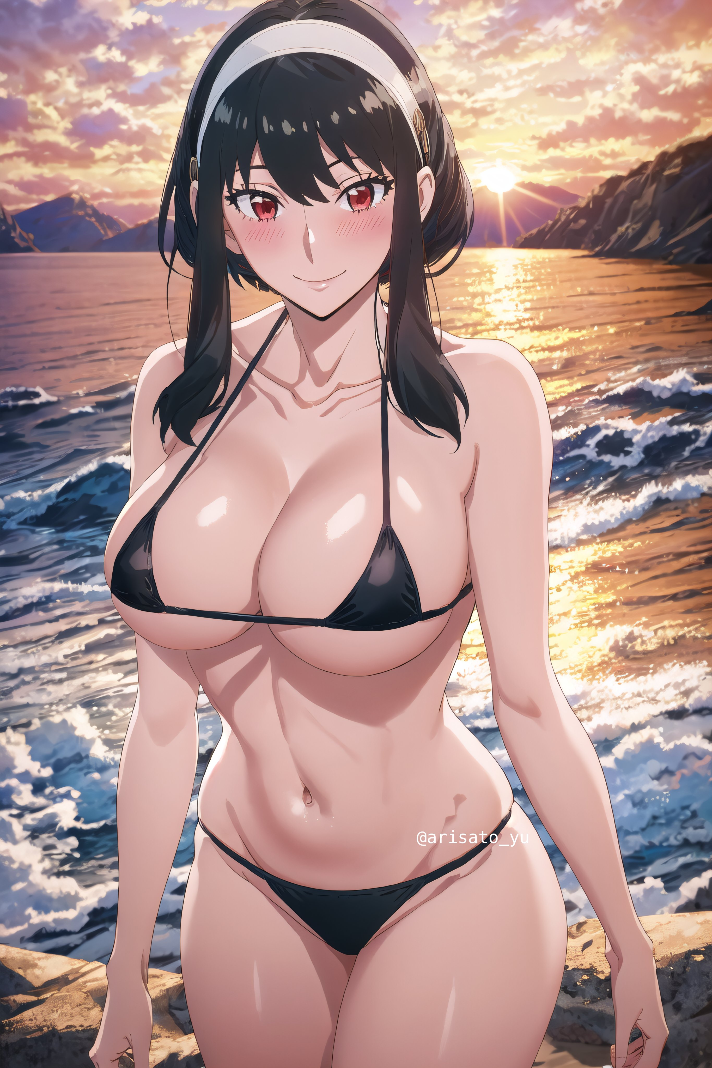 ai generated, arisato yu, beach, beach background, bikini, bikini bottom, bikini top, black bikini, black bikini bottom, black bikini top, blush, blush lines, blushing at viewer, female, hair ornament, looking at viewer, red eyes, spy x family, sun, sunset, water, yor briar, yor forger