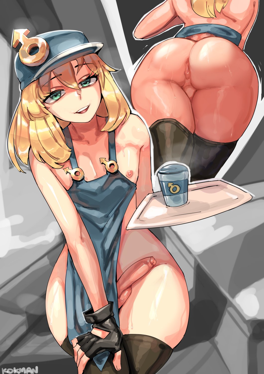 1boy androgynous anus apron apron_only ass big_ass big_butt black_thighhighs blonde_hair blue_eyes bridget bubble_ass bubble_butt erection femboy fingerless_gloves girly guilty_gear kokman large_ass large_penis light-skinned_male light_skin long_hair male_symbol otoko_no_ko pale_skin sweat thick_thighs thighhighs trap