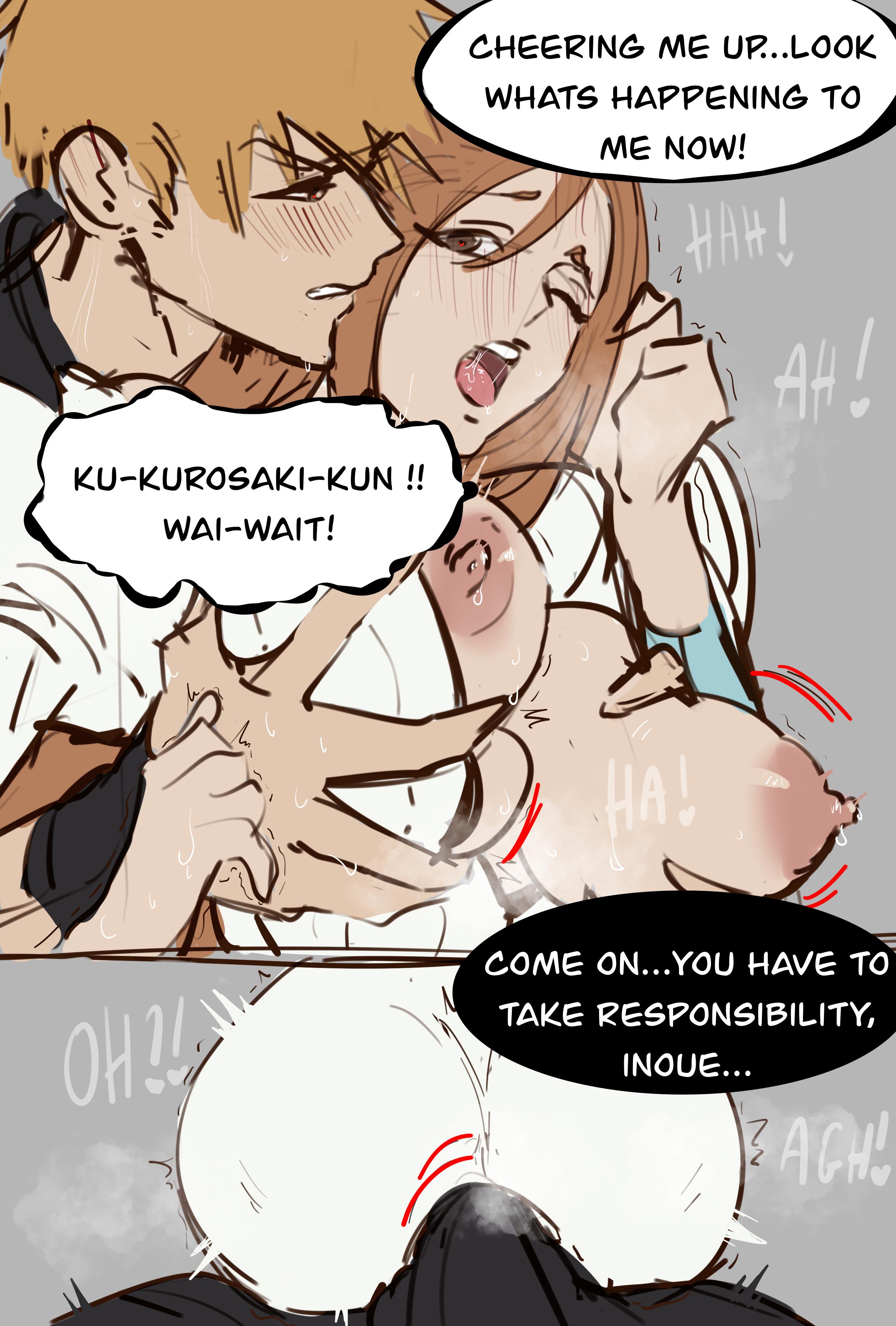 bleach, bleach: the thousand-year blood war, boob window, breasts, erection, female, grabbing breasts, ichigo kurosaki, imminent sex, inoue orihime, juzuariche, male, nipples, orange hair, penis, penis bulge, very high resolution