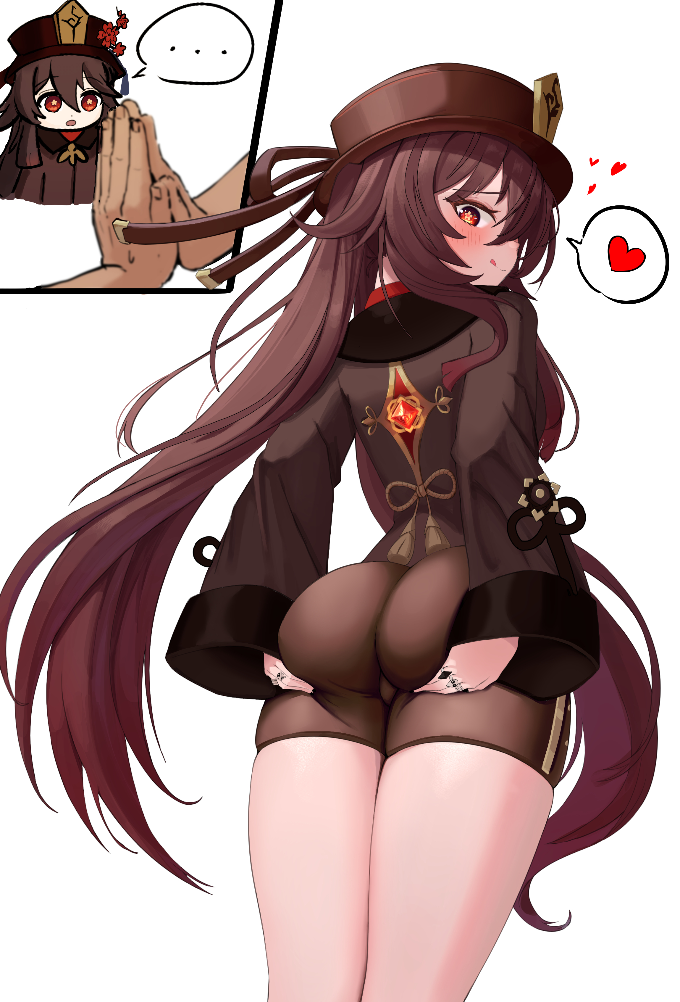 1girls, ass, ass grab, begging, big ass, booty shorts, bottom heavy, breasts, bubble ass, bubble butt, female, genshin impact, heart, hu tao (genshin impact), naeng-go, presenting ass, rear view, small breasts, standing, thick thighs