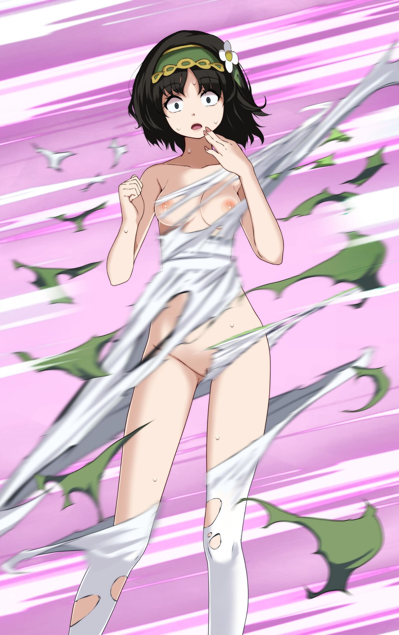 black_hair erika_(pokemon) exploding_clothes flower_in_hair headband looking_at_viewer medium_breasts motion_lines navel nipples pink_background pokemon pokemon_masters pussy pussy_peek scared short_hair sweat sygna_suit_erika torn_bra torn_clothes torn_dress torn_panties torn_pantyhose tsukishiro_saika