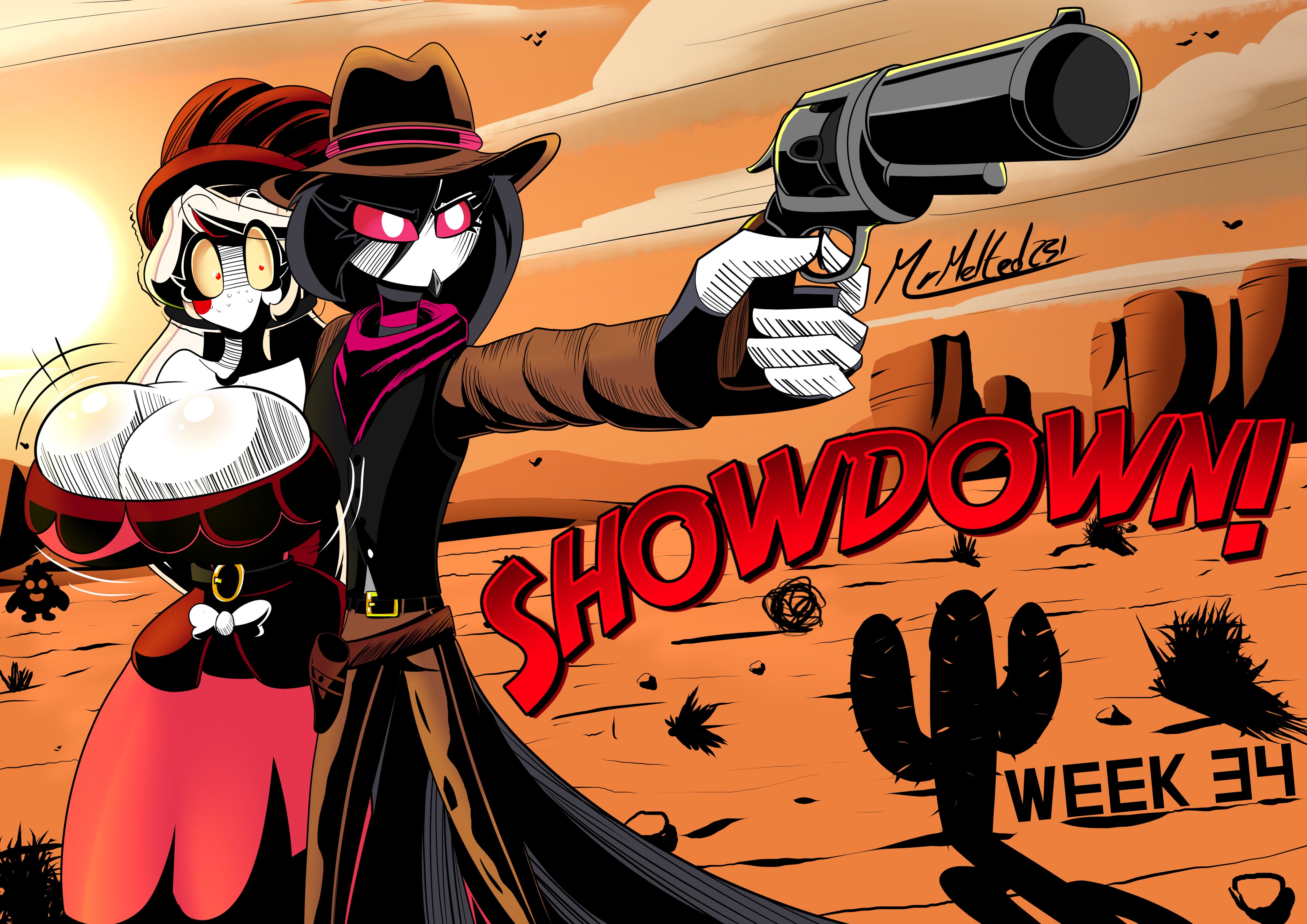 2023, 2girls, avian, avian humanoid, beak, big breasts, bouncing breasts, breast jiggle, breasts, busty, charlie morningstar (hazbin hotel), clothed, clothing, cowgirl outfit, crossover, damsel, damsel in distress, demon, demon girl, demon humanoid, demoness, desert, dress, female, female only, firearm, gun, handgun, hazbin hotel, headwear, helluva boss, huge breasts, humanoid, jiggling breasts, komi face, large breasts, light skin, light-skinned female, magenta eyes, mrmelted, multiple females, multiple girls, no bra, octavia (helluva boss), owl demon, owl humanoid, red eyes, revolver, rosy cheeks, saloon dress, saloon girl, vivienne medrano, weapon, white body, wild west
