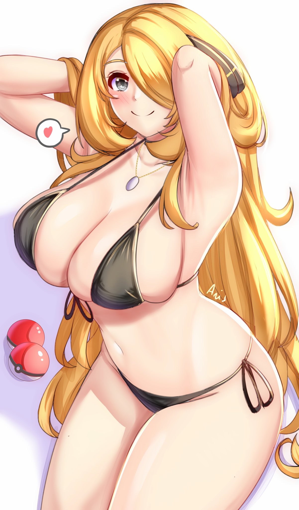 anisdrawn, blonde hair, breasts, cynthia (pokemon), female, female only, hair over one eye, large breasts, nintendo, pokemon, solo