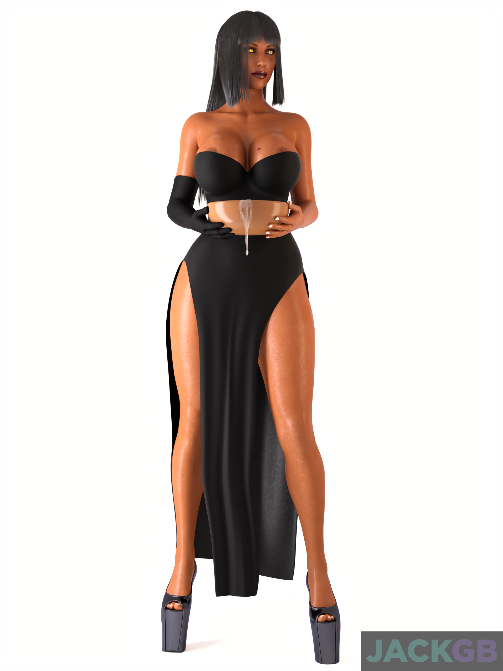 1girls, 3d, areola peek, athletic, athletic female, black clothing, black dress, black hair, breasts, cleavage, clothing, cum, cum bowl, cum in container, dark skin, dark-skinned female, daz studio, daz3d, dress, eyes, female, front view, holding bowl, jackgb, large breasts, legend of queen opala, legs, lips, long hair, nipple peek, osira, platform heels, scar, semen, solid color background, solo, standing, tagme, white background