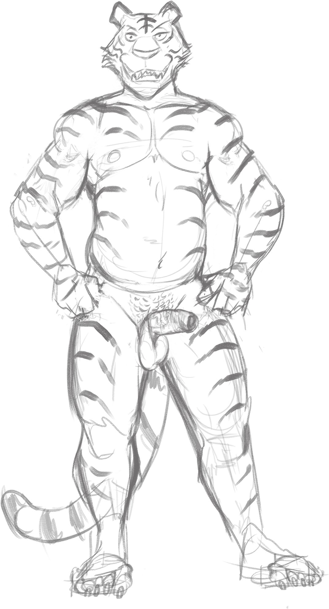 abs anthro arm_hair balls beastars bengal_tiger biceps bill_(beastars) biped black_and_white body_hair burrserk chest_hair claws erection facial_hair felid feline foreskin full-length_portrait fur genitals hair hands_on_hips hi_res humanoid_genitalia humanoid_penis looking_at_viewer male mammal monochrome muscular muscular_male nipples nude pantherine pecs penis portrait pubes simple_background smile solo standing stripes tail tiger white_background