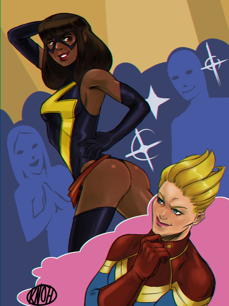 2girls ass blonde_hair blue_eyes brown_eyes brown_hair captain_marvel carol_danvers chocolate_and_vanilla cosplay crowd_watching dark-skinned_female dark_skin dreaming female female_only human human_only imagining interracial interracial_yuri kamala_khan knohphiltur leotard light-skinned_female light_skin long_hair marvel mature mature_female ms._marvel_(carol_danvers)_(cosplay) muslim_female posing short_hair yuri