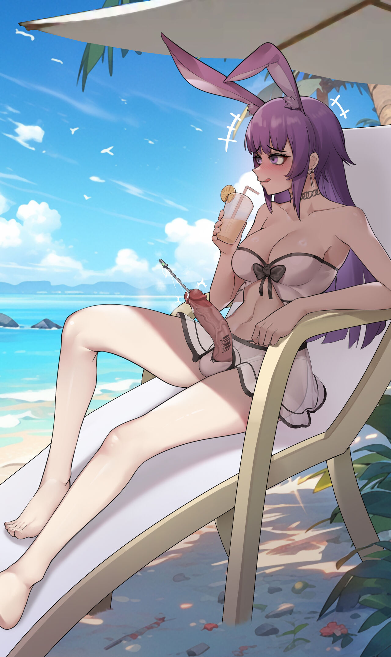 1futa 4_ears arknights background background_sky ball_bulge barcode barcode_tattoo beach bunny_ears bunny_girl bunnygirl cum drinking_glass drinking_straw earrings erection futa futa_only futa_urethral_insertion futanari gins hanee human laying laying_down licking_lips long_hair looking_away multi_ear penis penis_out purple_eyes purple_hair rope_(arknights) scenery smile solo sunny swimsuit swimwear tongue tongue_out toony two_piece_swimsuit uncensored urethral_insertion urethral_penetration veiny_penis